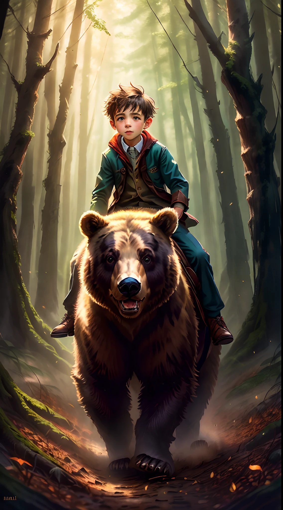 Works of masters，Best image quality，in a panoramic view，full body shot shot，Exquisite facial features，s the perfect face，(ln the forest)，A boy riding on a bear，Dingdall effect，Natural soft light，eventide，the woods