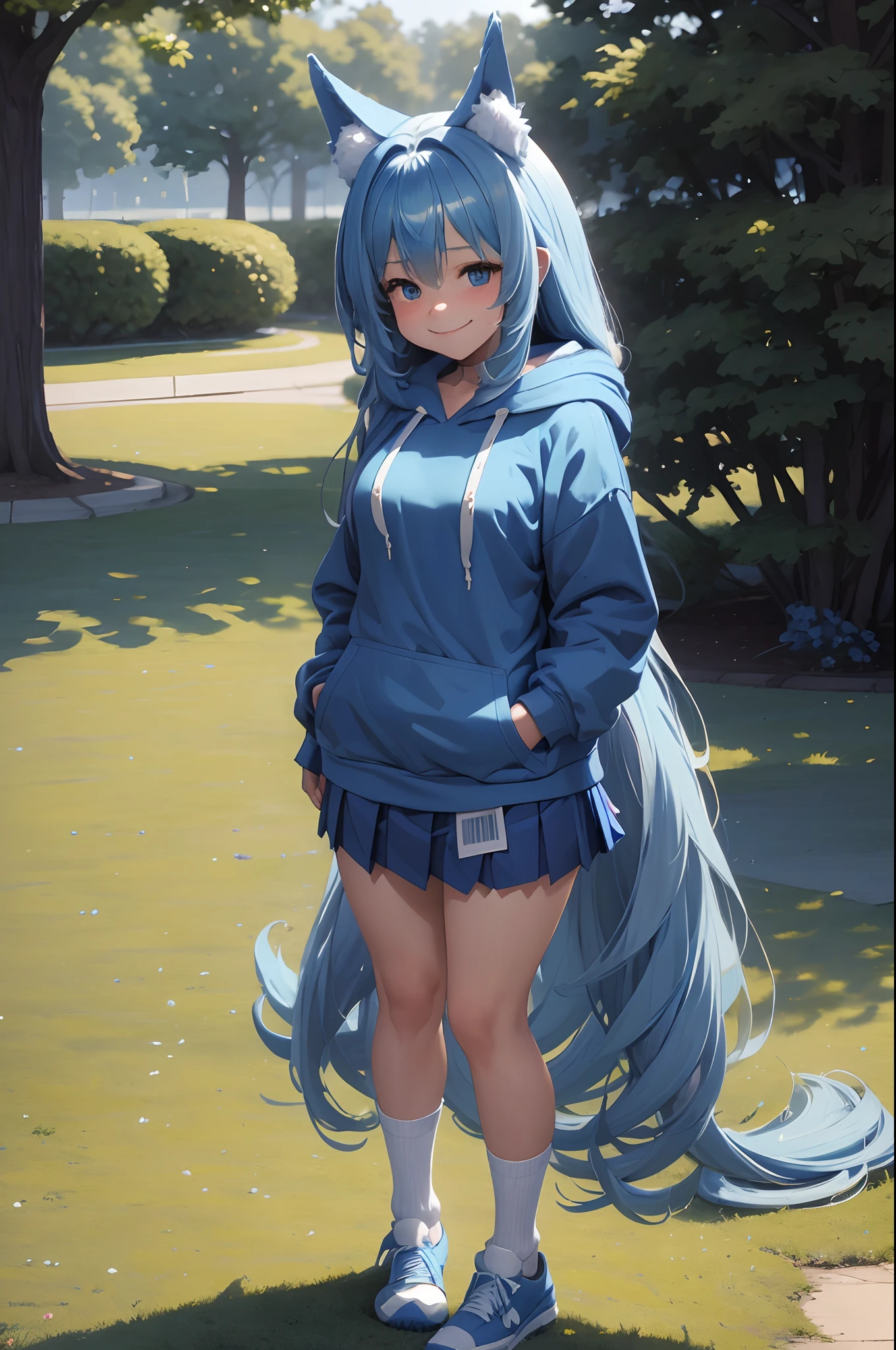 (Masterpiece) (High Detail) (High Res) A ite humanoid girl with long blue hair, blue dog ears and a fluffy dog tail, is stood in the middle of a park. Stood up. Full body reference image. white socks, blue hoodie, pleated skirt. png, blank background, smiling.