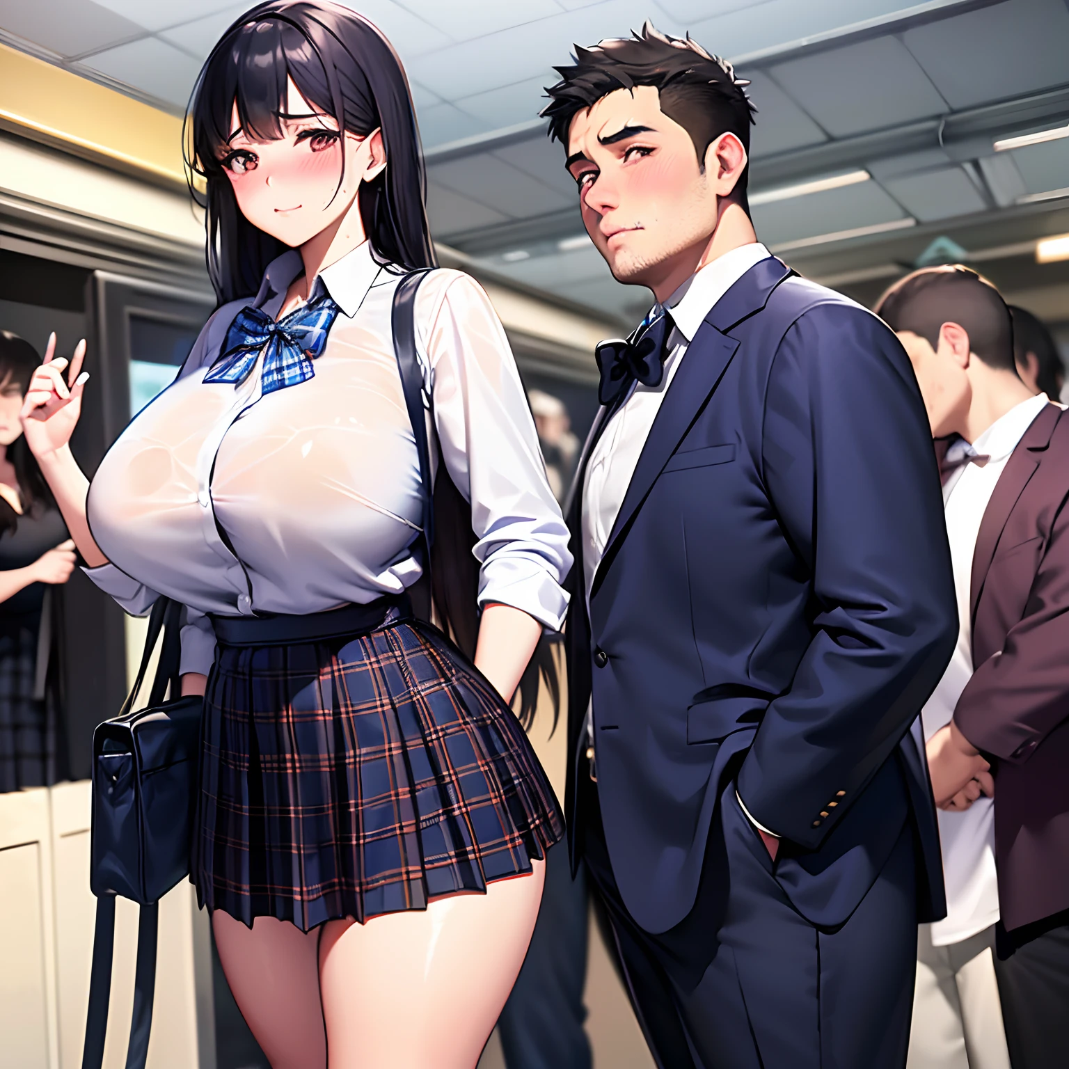 realistic anime art style,(tareme),(curvy body),black unkempt hair,bow tie,dress shirt,(navy short pleated skirt),(plaid skirt),unpretentious mature woman standing in crowded train station,sweaty,nipple through,(anguish and blushed),look at viewer,(molested),
