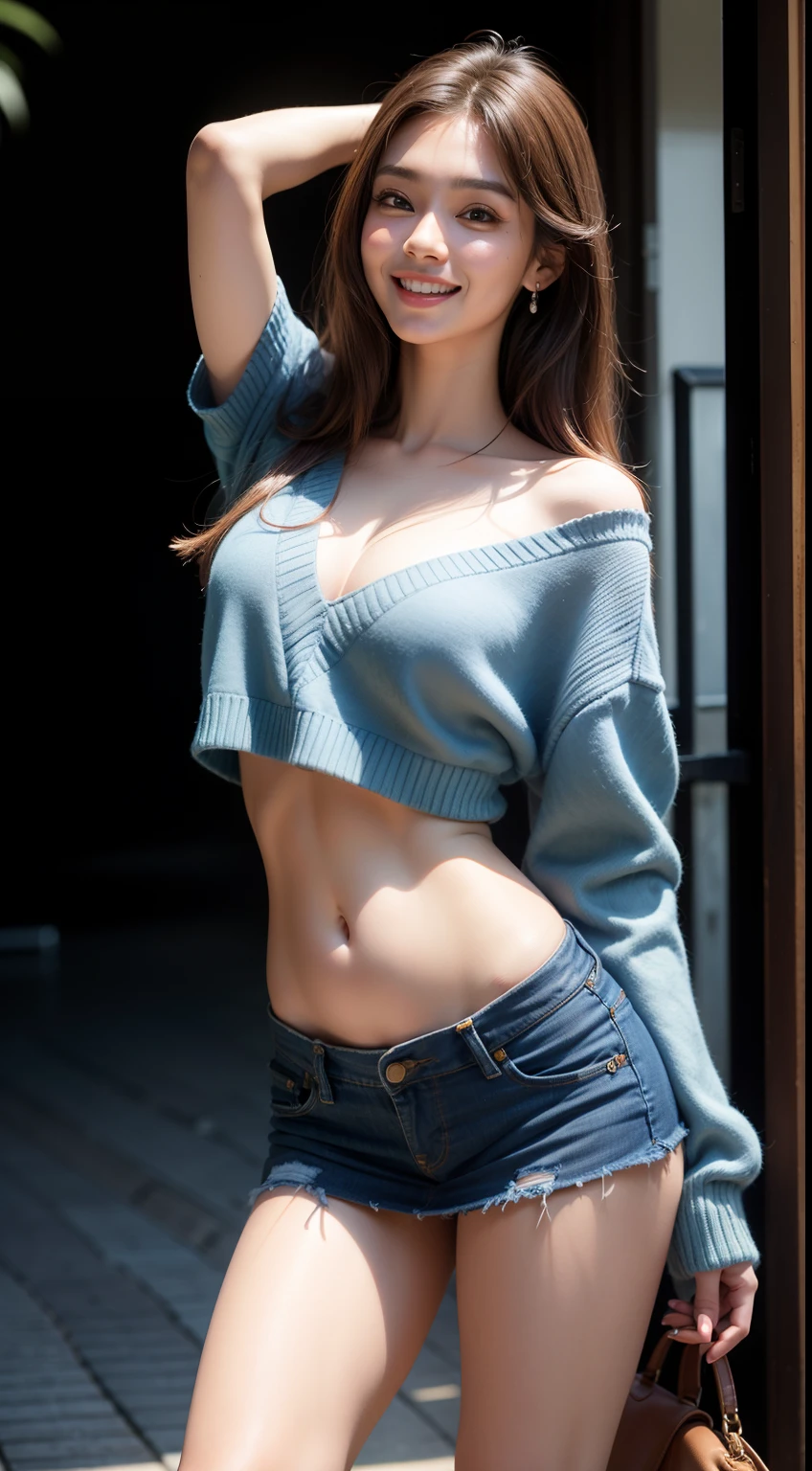 8K, masutepiece, Raw foto, Best Quality, Photorealistic, Wallpapers with extreme details CG Unity 8K, depth of fields, 
Cinematic Light, lensflare, Ray traching, (Extremely beautiful face, Beautiful lips, beautidful eyes), intricate detail face,
 ((Ultra Detail Skin)) 1girl in, (Korean model Kim Daun, Dhoni), (Korean model Kim Daun, Dhoni), 
(Korean model Kim Daun, Dhoni), (Korean model Kim Daun, Dhoni), (Korean model Kim Daun, Dhoni),1 girl,
  ((look up at viewer)),(huge smile:1.3), (blured background), A glimmer of light), (No people in the background.:1.3), Beautiful earrings,
 Clear eyes, Front shot, (pale-skinned), (Big eyes), (Big eyes) (Big eyes), (Big eyes), (Big eyes), Facing forward,
 (Full body shot), (ligh brown hair), Open the navel............, (look up at viewer:1.3),   small hips, small hips,small hips,
 a slender waist, small hips,
 ((wide open abdomen))、((open abdomen))、((wide open navel))、((open navel))、((Bare belly))、((Mid-Riff Sweater))、
((Ultra-low rise、Denim Mini Skirt))、 ((Navel Ejection))、((small hips))、((Full body depiction))、((small  hip))、(boots)、((Ultra-low rise))、
((Denim Mini Skirt))、((is standing))、)