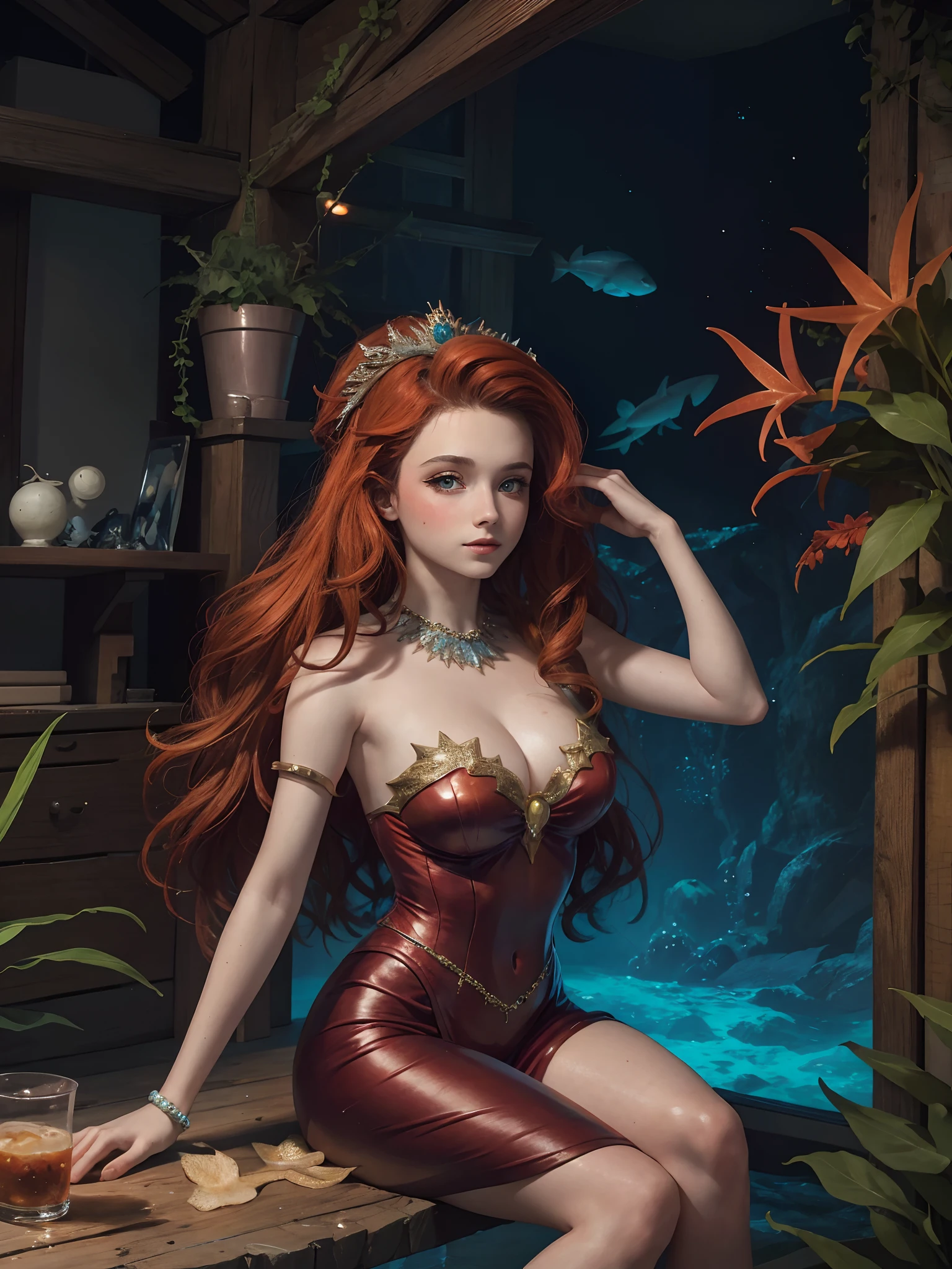 HighestQuali,tmasterpiece:1.2,Detailed details,A 16-year-old woman dressed up as a portrait of Ariel the Little Mermaid of Disney,Exquisite facial features,She held a starfish in her hand,She sits by the sea,There are bubbles everywhere