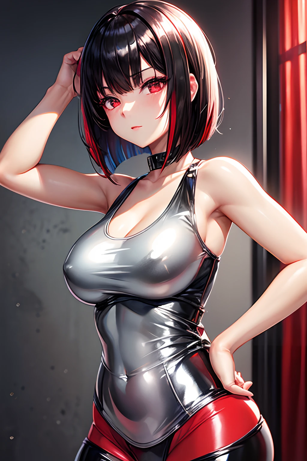 solo girl,Glossy metalic light silver tank top, latex shiny, Red interpolation color,Black hair bob,red eyes