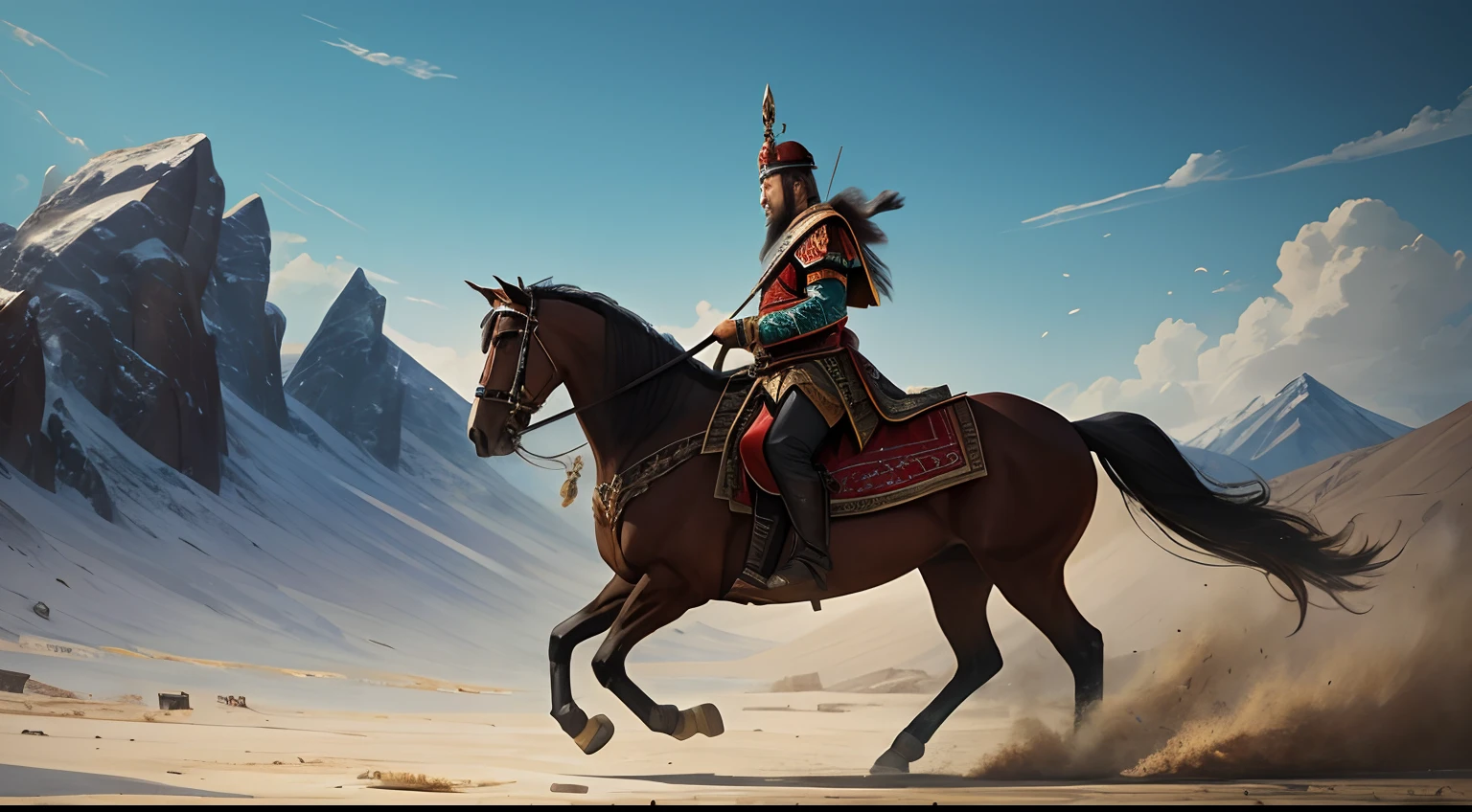 Mangal emperor gengish khan with his horse on a war mood,background fully blur with dream colour,oil painting, deatails image,only his own image