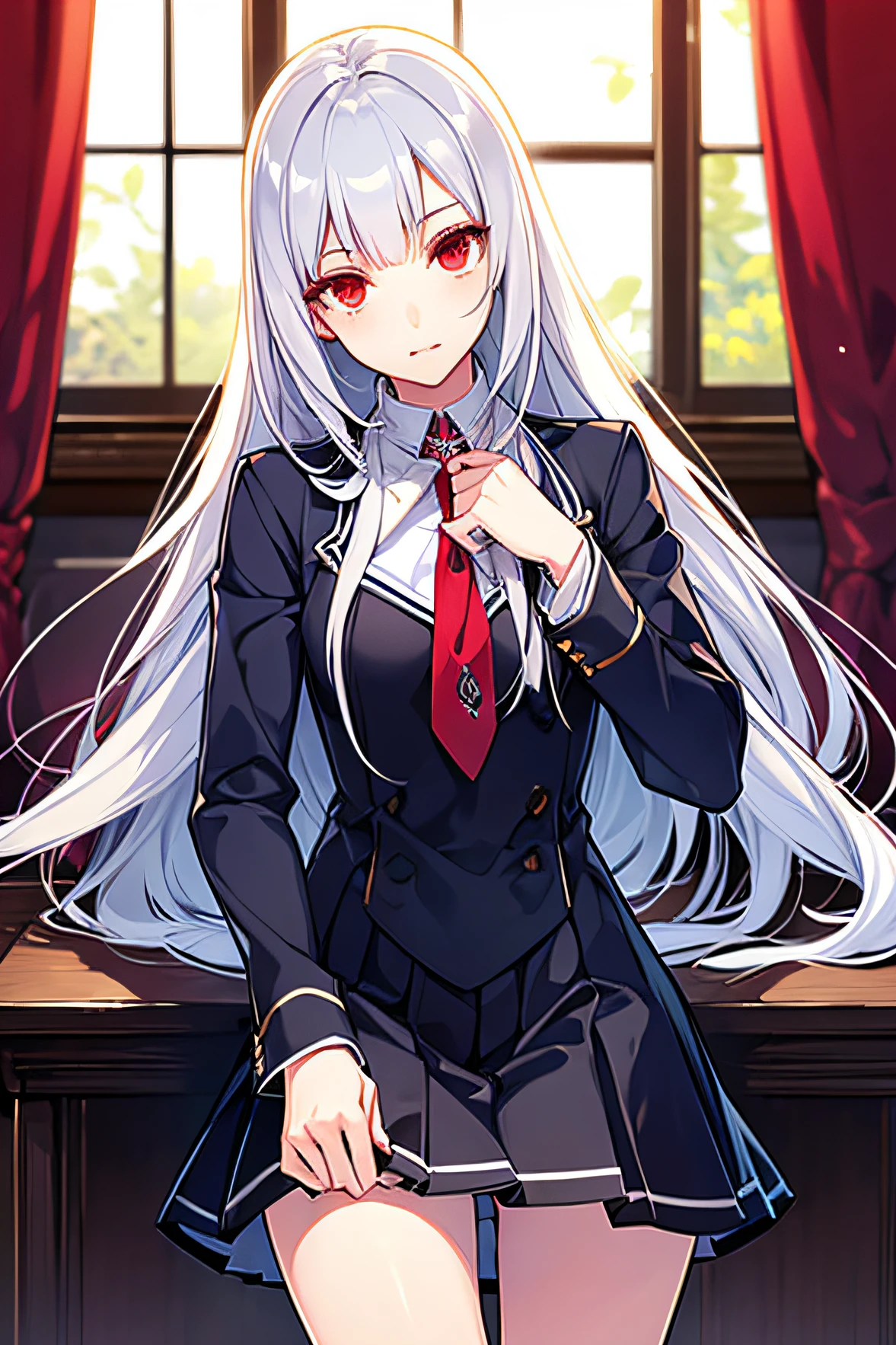 Silver_hair, long_hair, red_eyes, really_red_eyes, detailed_eyes, beautiful_eyes, 1girl, dress, school_uniform, black_skirt