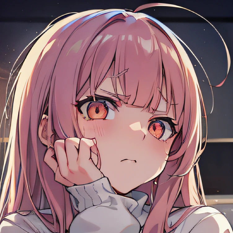 A girl. rose hair. amber eyes. opened mouth. white sweater. frowning face