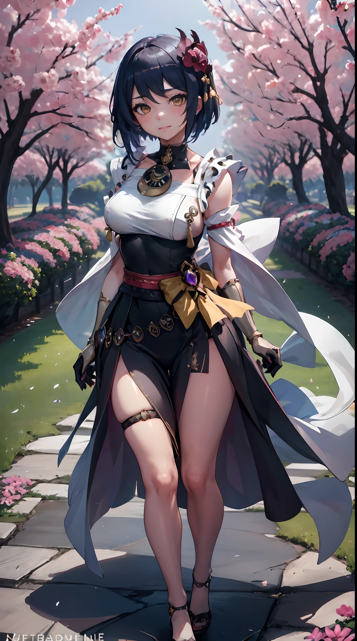 Kujou Sara| genshin impact, master-piece, bestquality, 1girls,25 years old, proportional body, proportional., Wedding Dresses, White Wedding Dress, Long skirt, mediuml breasts, ,bara, choker, Standing in the middle of a flower garden, outdoor, The sky is beautiful, arm behind back, View viewers from the front., Thigh strap, Head tilt, bored, HD, slight smile,