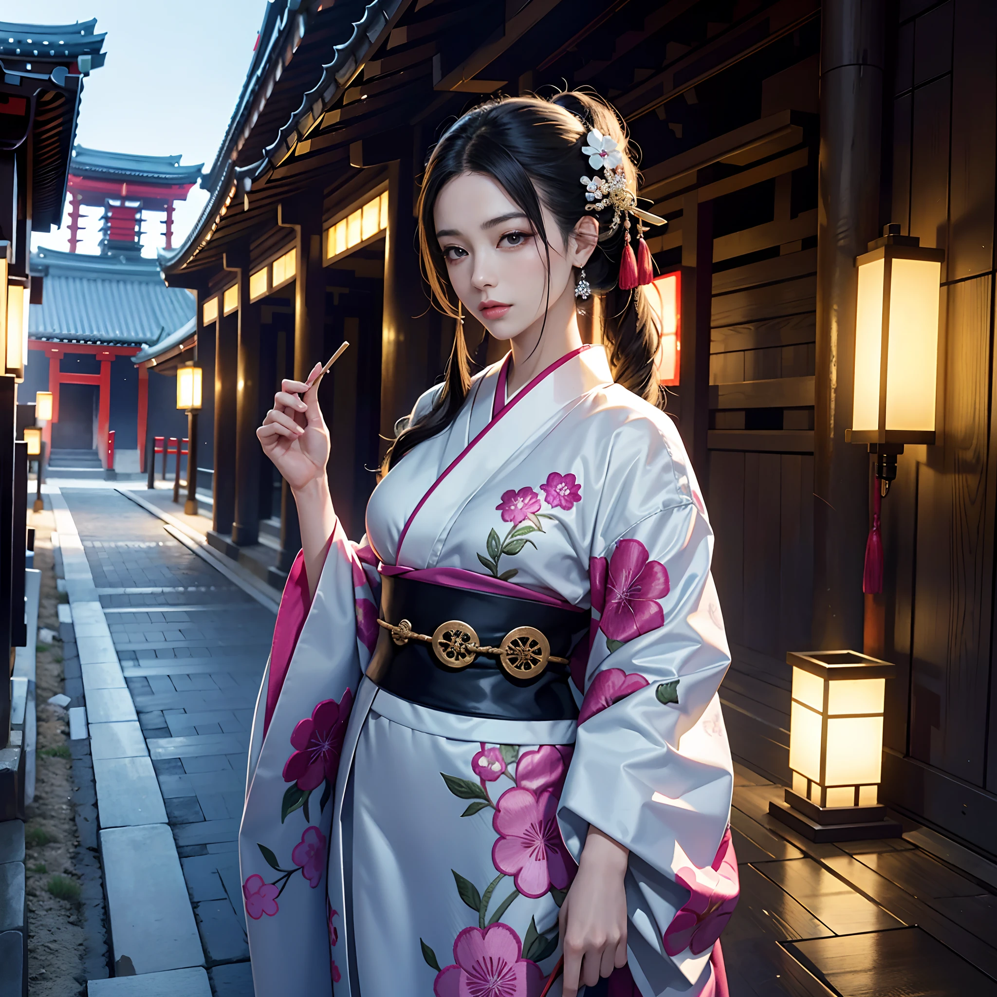Cyberpunk style,BRAEK,Background of details(Temples and shrines in Kyoto(with no people)),BREAK,elaborate costume{Luxury kimono(Colorful kimono(detailed embroidery,))}、1womanl(Japanese actressl:1.2)(face perfect:1.2),Depicting a beautiful and classy adult woman,glossy dark hair(poneyTail),Heart in the eye, Wallpapers 16K,Blur the background with a sickle,((masutepiece)), ((Best Quality)),{{a portrait photo of}},full body Esbian
