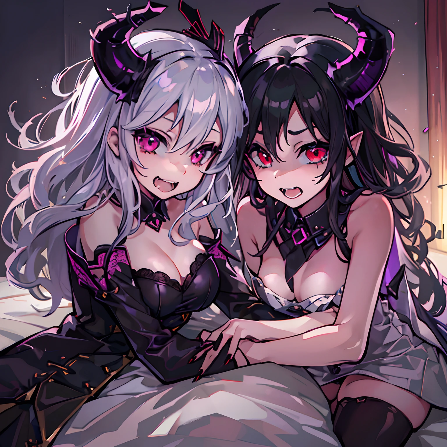 Brunette succubus girl wearing black stockings，on top of the bed。Black-haired succubus girl hugs white-haired human girl，Black-haired succubus girl sucks white-haired human girl essence。The demon smiled sickly。The human girl showed a terrified expression