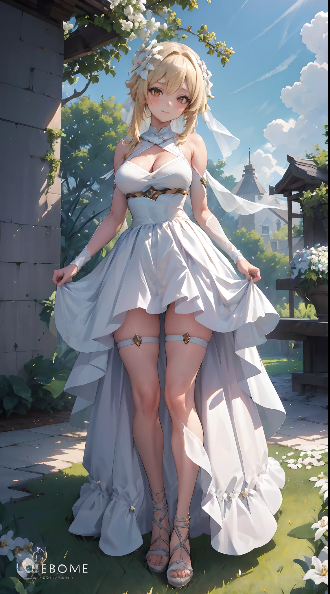 Lumine | genshin impact, master-piece, bestquality, 1girls,25 years old, proportional body, proportional., Wedding Dresses, White Wedding Dress, Long skirt, wedding, mediuml breasts, ,bara, Standing in the middle of a flower garden, outdoor, wedding, The sky is beautiful, Both hands hold a bouquet of flowers.................., View viewers from the front., Thigh strap, Head tilt, bored, 10, 10, HD, slight smile,