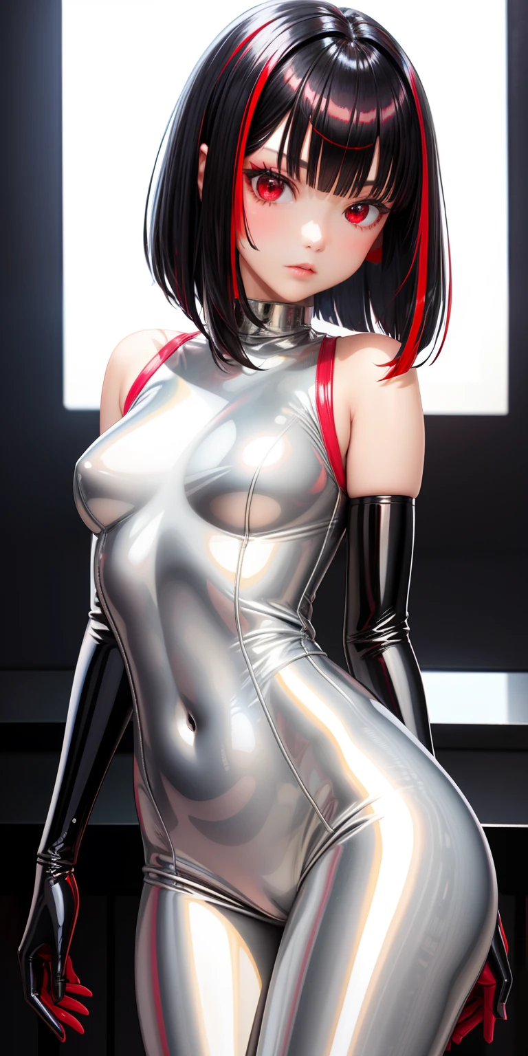 solo girl,Glossy metalic light silver wear, latex shiny, Red interpolation color,Black hair bob,red eyes