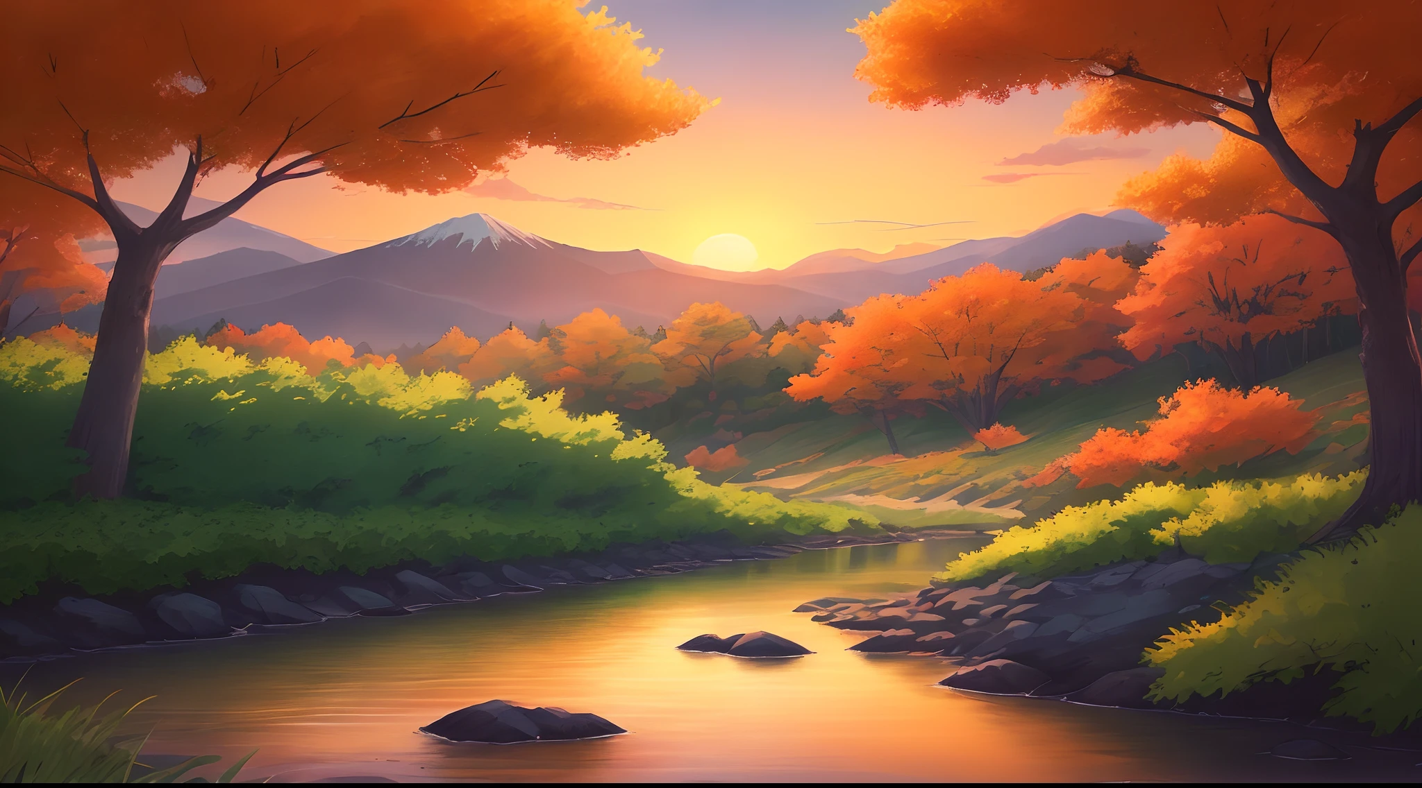 Colored leaves.Mountain view.Anime landscapes.masterpiece.Carefully written drawings.top-quality.high quarity.hightquality.Bright sky with light shades.Quiet creek.PastelColors.Beautiful green leaves.Embrace the light.colorful trees々.orange colors.Bright green lawn.Red image.Sunset is red.