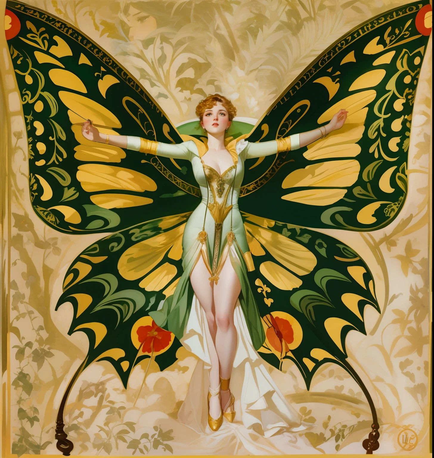 uma pintura de uma mulher em um vestido verde com uma borboleta nas costas, Inspirado por Joseph Christian Leyendecker, Joseph Leyendecker, Directed by: Gustaf Tenggren, Enoque Bolles, Por Joseph Christian Leyendecker, Directed by: Frank Xavier Leyendecker, inspirado em Frank Xavier Leyendecker, J C Leyendecker, JC Leyendecker