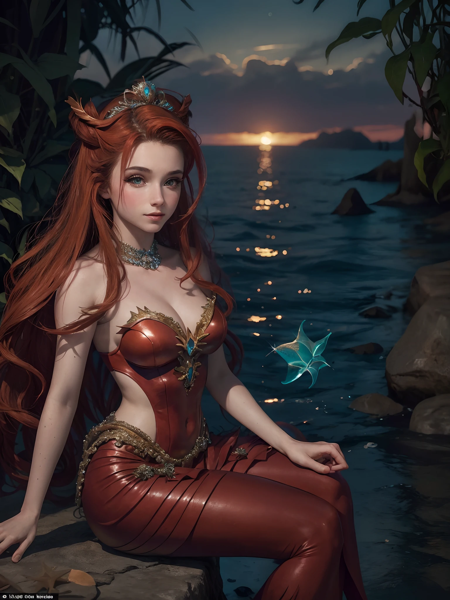 HighestQuali，tmasterpiece：1.2，Detailed details，A 16-year-old woman dressed up as a portrait of Ariel the Little Mermaid of Disney，Exquisite facial features，She held a starfish in her hand，She sits by the sea，There are bubbles everywhere