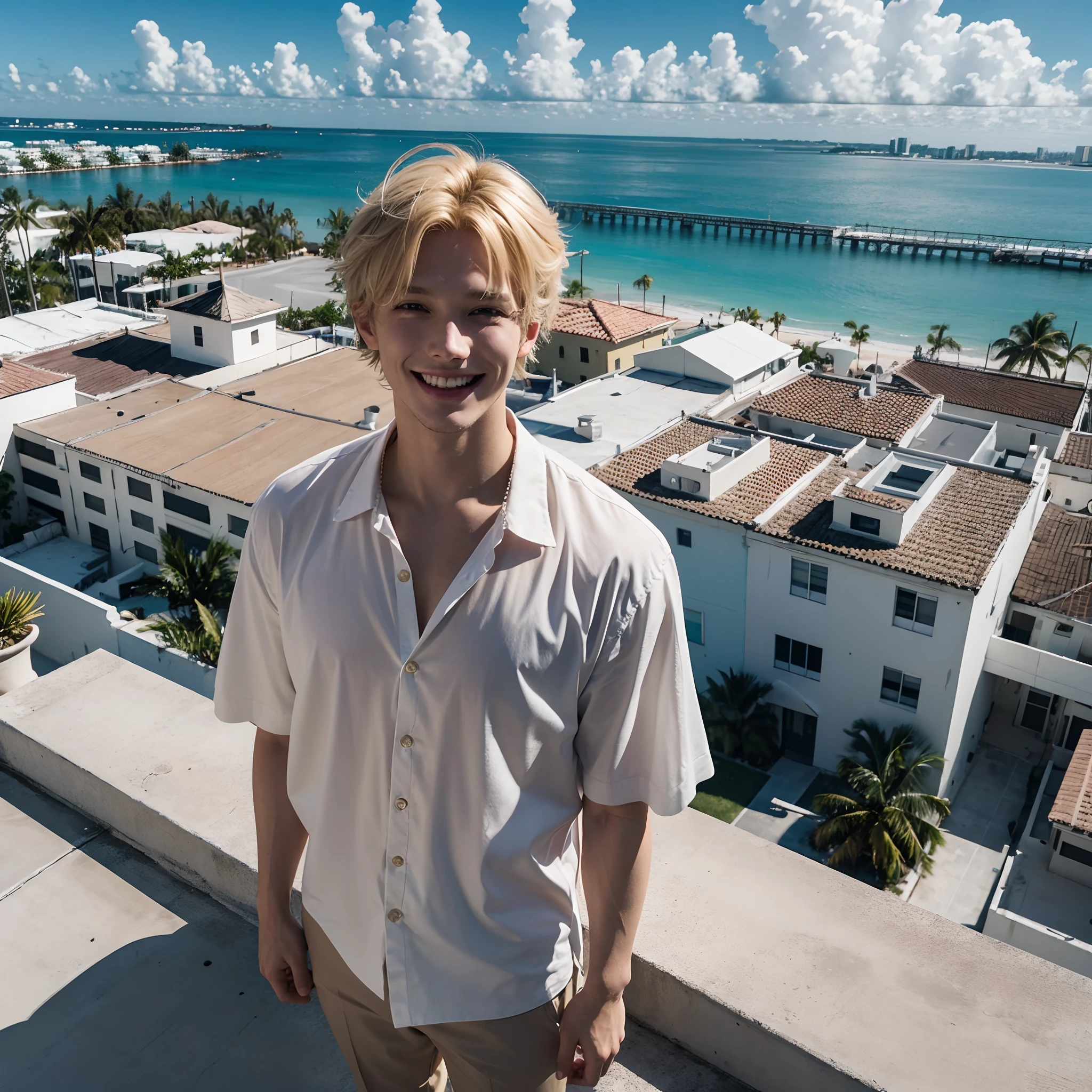 A blond man smiles lightly as he stands on a roof in Miami (With high accuracy)