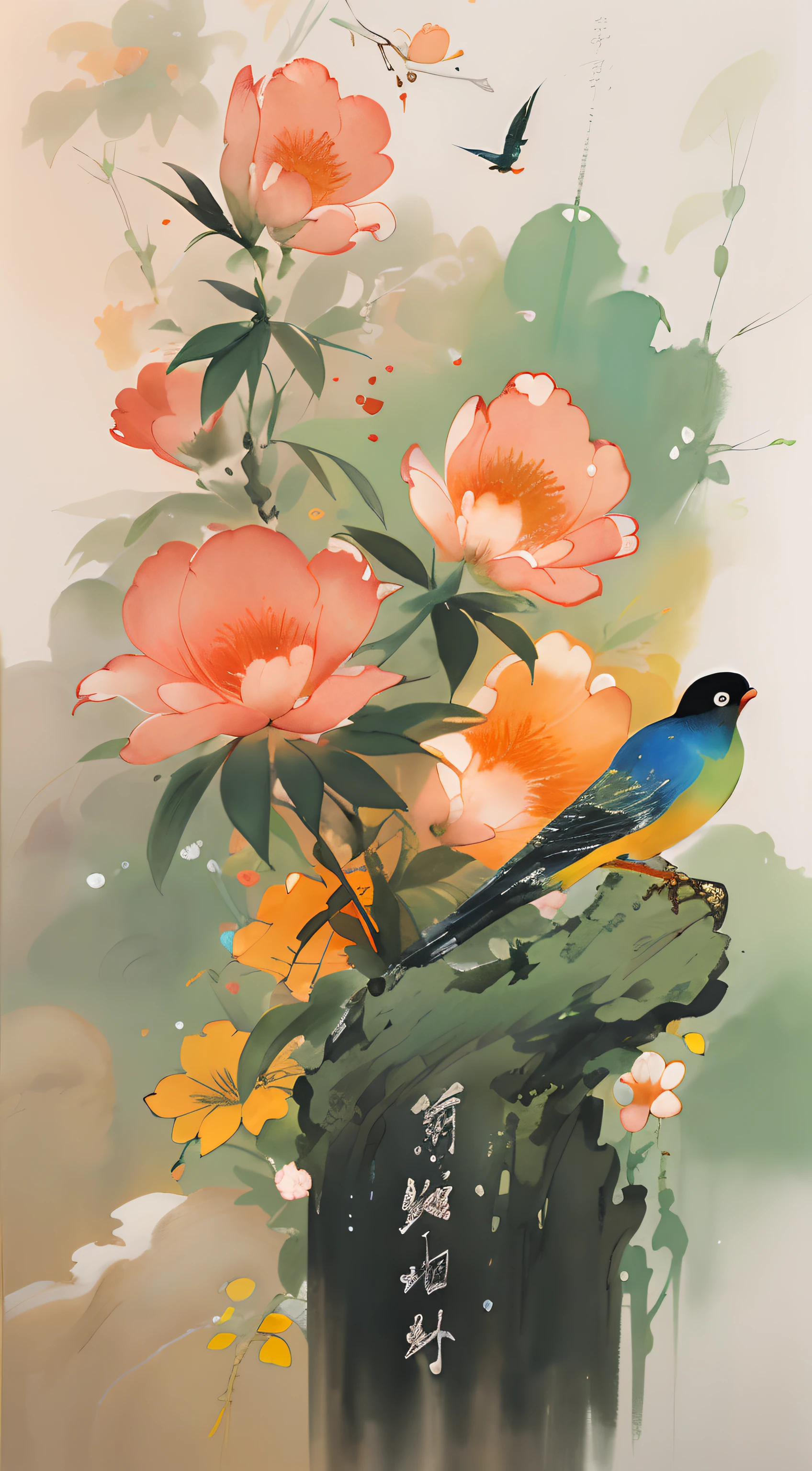 birds and flowers，[(White background:1.5)::5]，China-style，florals，flowers in full bloom，Flowers，green leaf，Colorful feathered birds，steins，rays of sunshine，an Chinese ink painting style，aquarelle，（light and shadow effect），（Movie lighting），（rendering by octane），（depth of fields），（Obvious layers），Beautiful and detailed pictures，（Masterpiece），（8k wallpaper），（Master painting）,（Don't use fonts），（Do not sign）