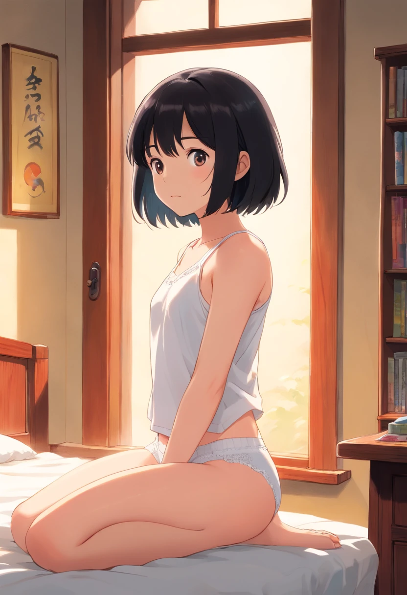 10age、s girl、black hair short cut、Wearing white underwear、white tank tops、inside in room、taken from the under、the morning sun、The lower part of the body is bare