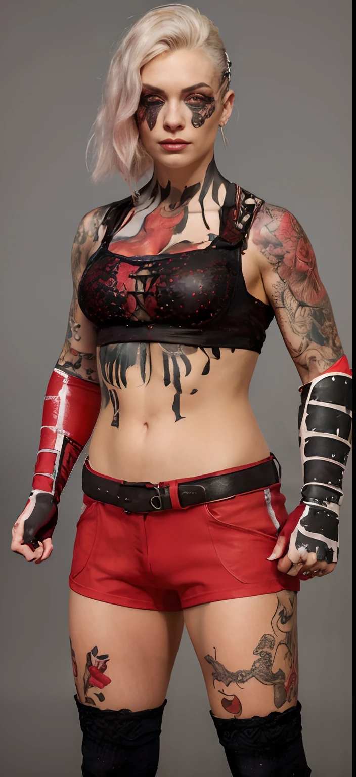 Beautiful blonde tattooed valkyrie in full -length in black with red threads of a uniform with a gladius, hyperrealism, high resolution, high detail, high clarity, aesthetically