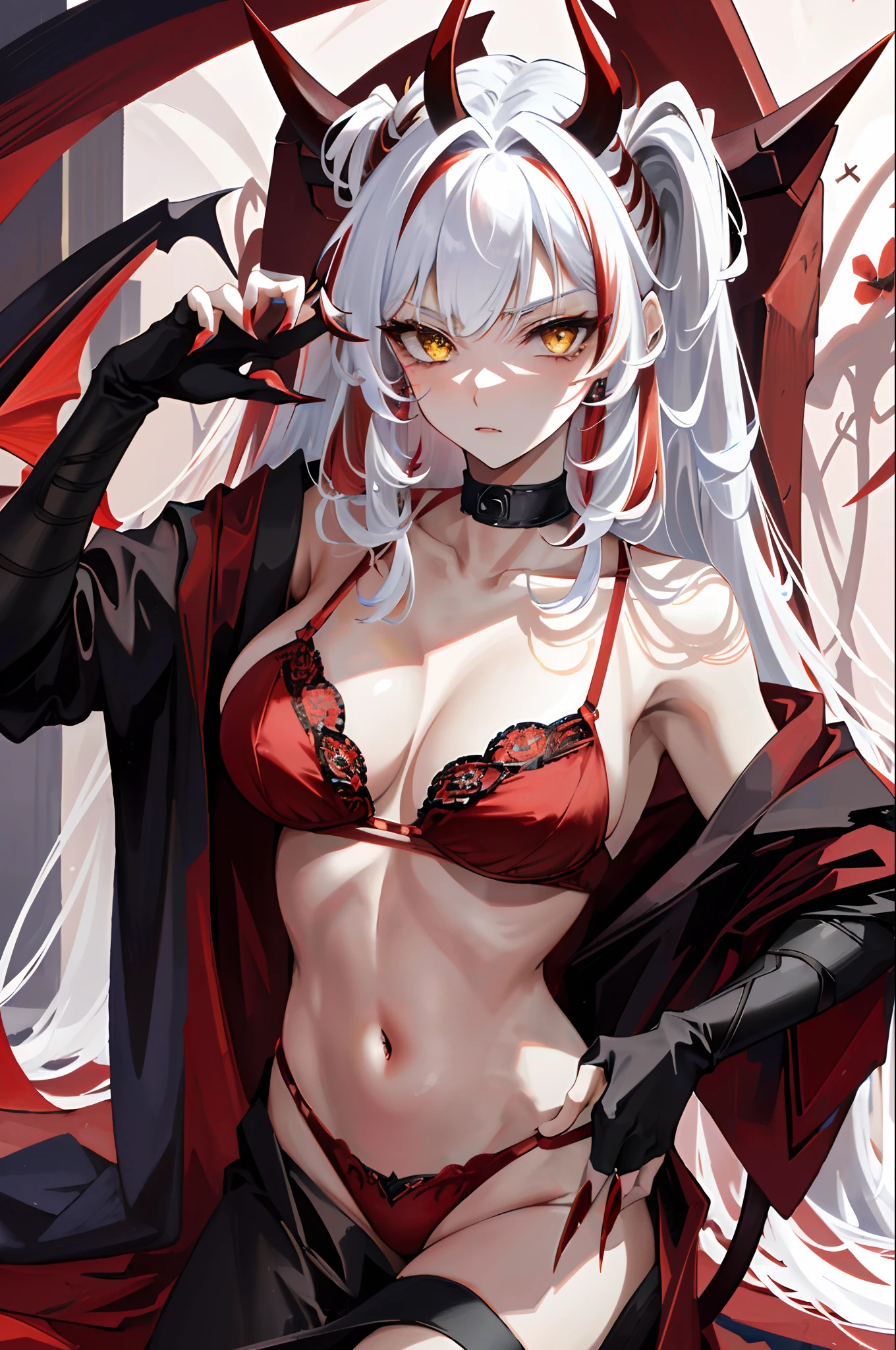(masterpiece, 4k, high quality, highly detailed, detailed face, ((red lingerie)), sexy, kneel, ((claws)), backwards, ass, vivid colors, natural lighting, amazing background), ((demon tail)), seductive face, serious, ((adult woman)), straight cut hair bangs, long hair, big bust, ((white hair with red locks)), grey skin, ((yellow eyes)), demon horns, heels, good anatomy, evil, emotionless, intimidant, beautiful eyes, dark background, detailed eyes