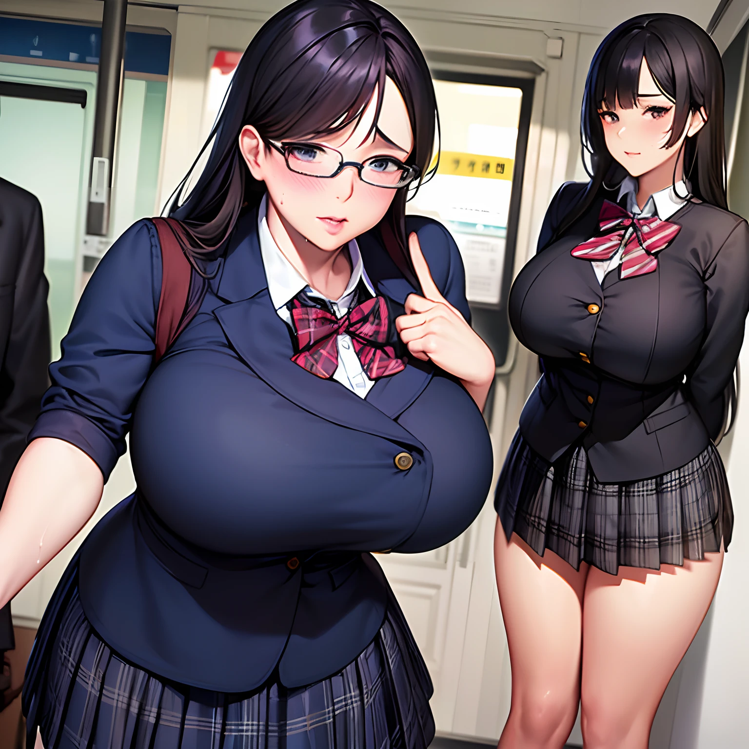realistic anime art style,(tareme),(curvy body),black unkempt hair,bow tie,dress shirt,(navy short pleated skirt),(plaid skirt),unpretentious mature woman standing in crowded train station,sweaty,nipple through,(anguish and blushed),look at viewer,(molested),peace sign