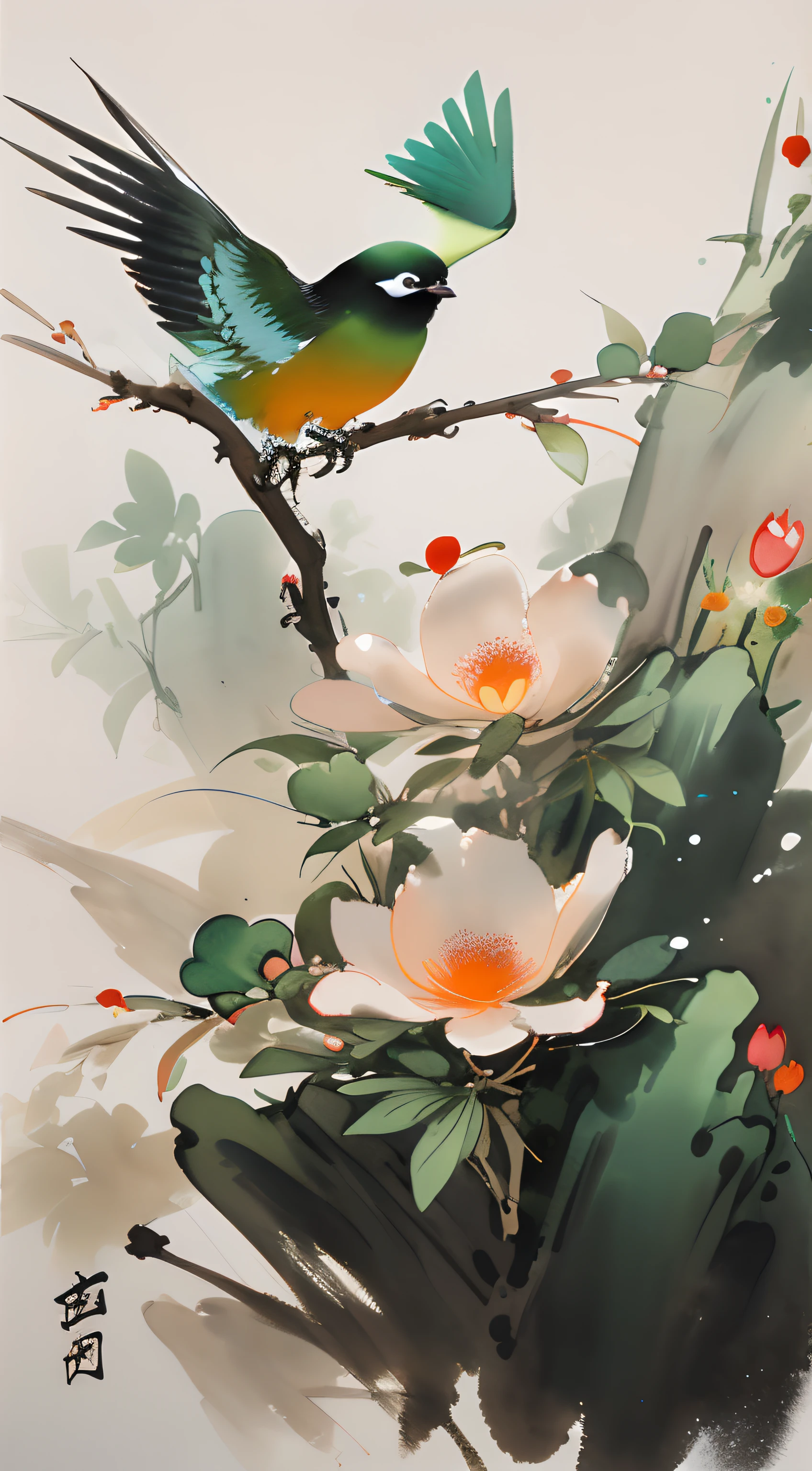 birds and flowers，[(White background:1.5)::5]，China-style，florals，flowers in full bloom，Flowers，green leaf，Colorful feathered birds，steins，rays of sunshine，an Chinese ink painting style，aquarelle，（light and shadow effect），（Movie lighting），（rendering by octane），（depth of fields），（Obvious layers），Beautiful and detailed pictures，（Masterpiece），（8k wallpaper），（Master painting）
