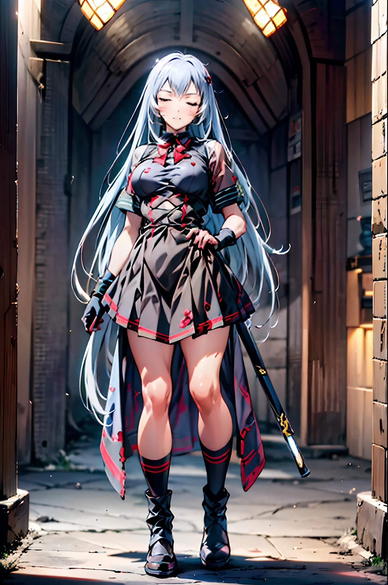 Shiryuu, tunic, saber holding, standing closed eye, silver hair,full body