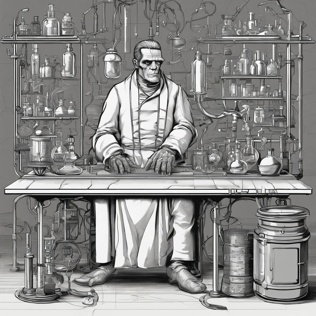 A stunning and detailed representation of Frankenstein, blending classical elements and a modern aesthetic. Frankenstein is positioned in a futuristic laboratory, with holographic control panels, luminous test tubes and advanced scientific equipment surrounding him. The figure of Frankenstein is imposing and unique, with subtle biomechanical details integrated into its structure, highlighting the fusion between science and classic horror. Its limbs have a robust appearance, with joints and metallic details visible under the stitched skin. The skin is rendered with realistic nuances, showing sutures, scars and a cadaverous pallor. His eyes are intense and shine with a peculiar light, conveying a sinister presence. Frankenstein is dressed in a kind of scientific robe, mixing elements of experimentation with gothic aesthetics. In the background, laboratory benches display vials of substances mysterious, creating an atmosphere of scientific experimentation. The laboratory lighting highlights the complexity of Frankenstein's figure, adding shadows and realism to the scene. The image captures the essence of classic horror, while infusing futuristic and scientific elements, creating a unique and detailed interpretation of the iconic character.