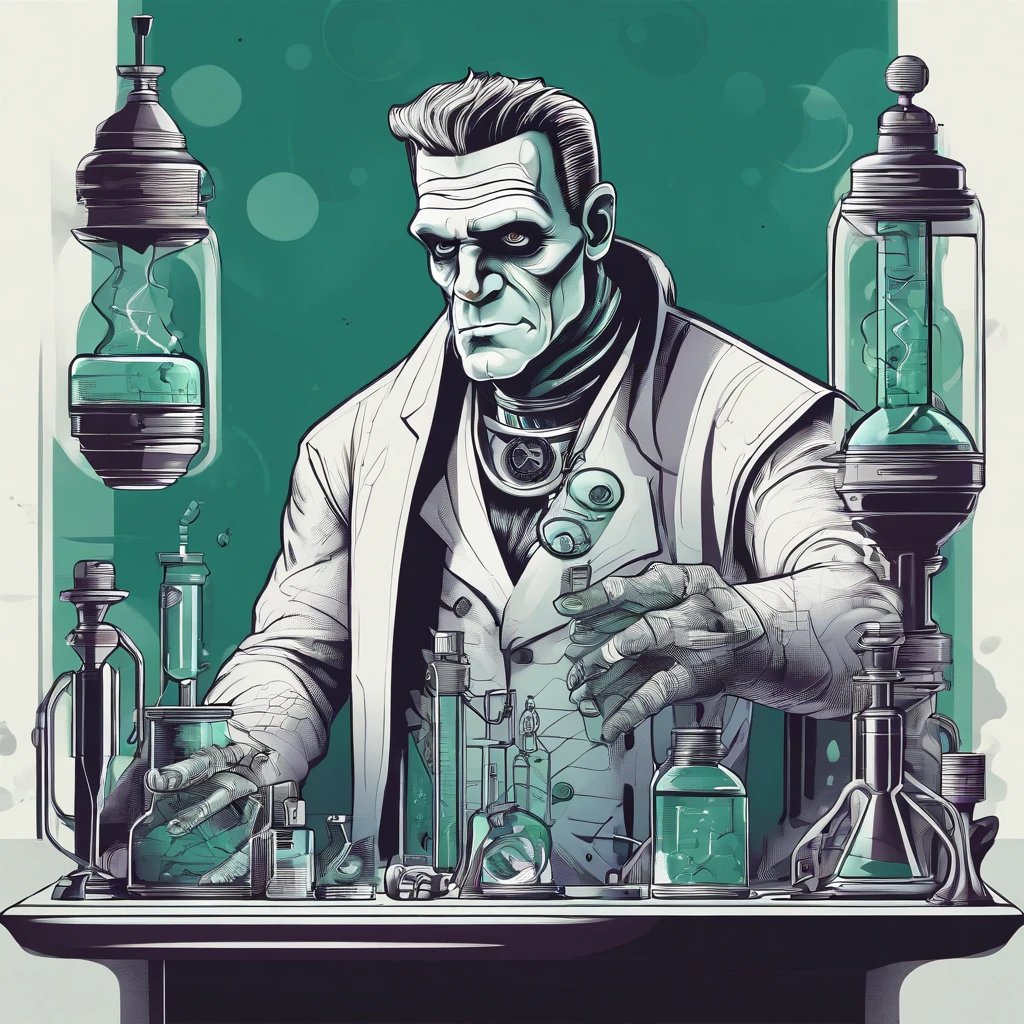 A stunning and detailed representation of Frankenstein, blending classical elements and a modern aesthetic. Frankenstein is positioned in a futuristic laboratory, with holographic control panels, luminous test tubes and advanced scientific equipment surrounding him. The figure of Frankenstein is imposing and unique, with subtle biomechanical details integrated into its structure, highlighting the fusion between science and classic horror. Its limbs have a robust appearance, with joints and metallic details visible under the stitched skin. The skin is rendered with realistic nuances, showing sutures, scars and a cadaverous pallor. His eyes are intense and shine with a peculiar light, conveying a sinister presence. Frankenstein is dressed in a kind of scientific robe, mixing elements of experimentation with gothic aesthetics. In the background, laboratory benches display vials of substances mysterious, creating an atmosphere of scientific experimentation. The laboratory lighting highlights the complexity of Frankenstein's figure, adding shadows and realism to the scene. The image captures the essence of classic horror, while infusing futuristic and scientific elements, creating a unique and detailed interpretation of the iconic character.