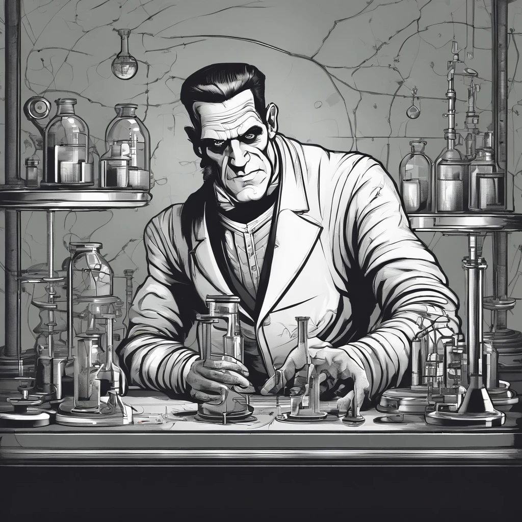 comic book panel of harry dresden, wild brown hair, making a potion on a table, rune-covered skull with glowing eyes sitting on table, messy apartment in background