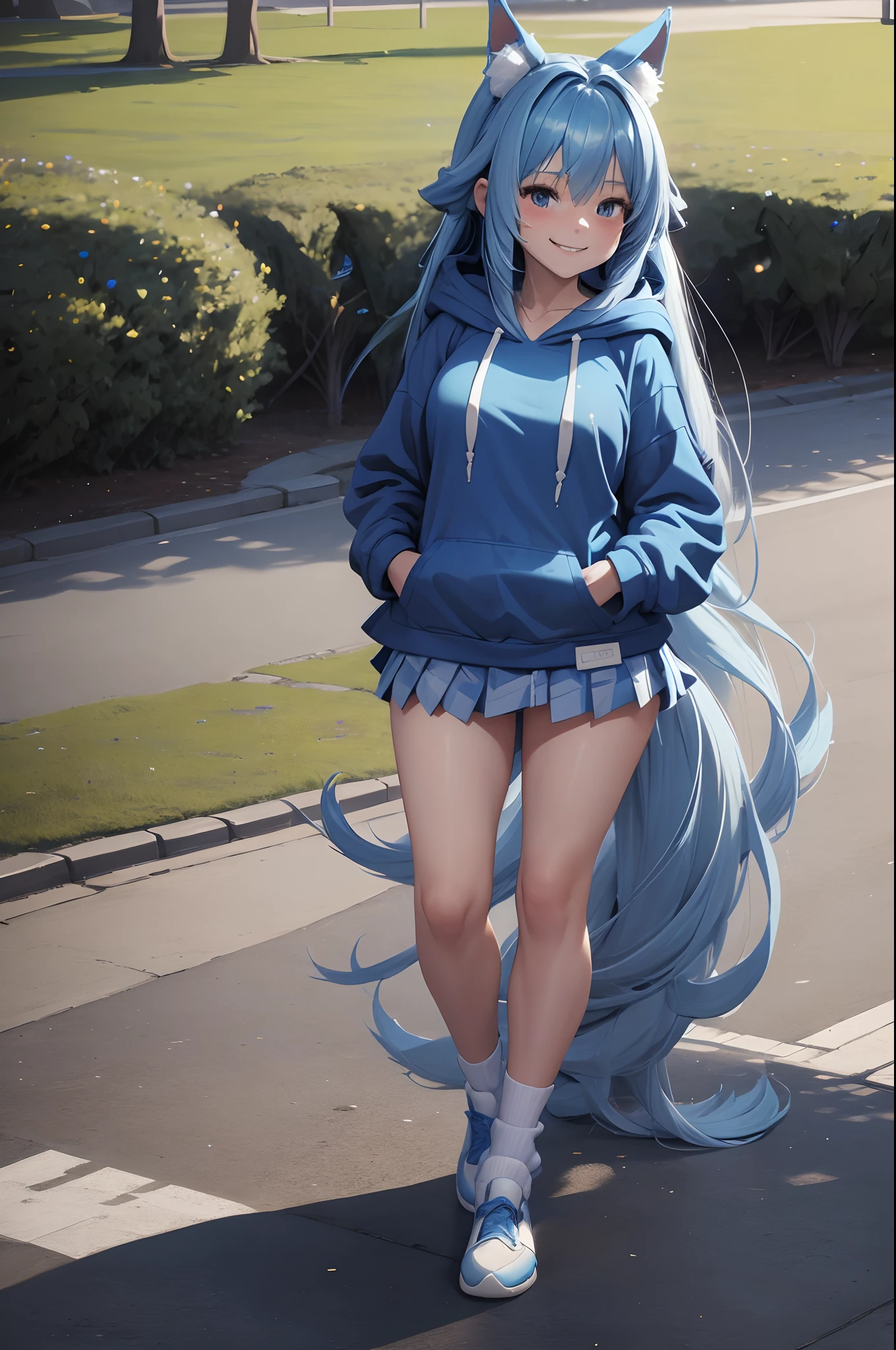(Masterpiece) (High Detail) (High Res) A small petite humanoid girl with long blue hair, blue dog ears and a fluffy dog tail, is stood in the middle of a park. Stood up. Full body reference image. white socks, blue hoodie, pleated skirt. png, blank background, smiling.