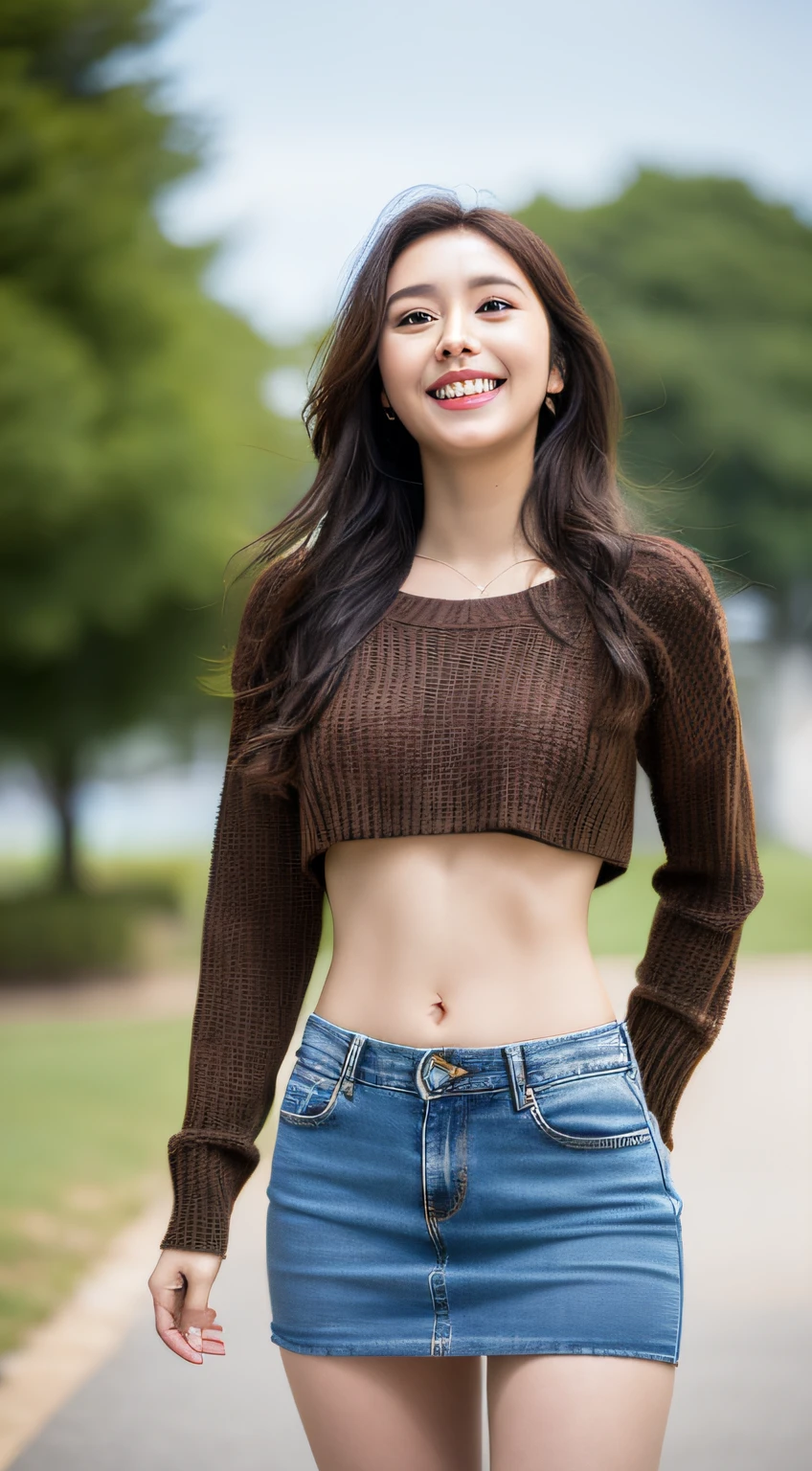 8K, masutepiece, Raw foto, Best Quality, Photorealistic, Wallpapers with extreme details CG Unity 8K, depth of fields, 
Cinematic Light, lensflare, Ray traching, (Extremely beautiful face, Beautiful lips, beautidful eyes), intricate detail face,
 ((Ultra Detail Skin)) 1girl in, (Korean model Kim Daun, Dhoni), (Korean model Kim Daun, Dhoni), 
(Korean model Kim Daun, Dhoni), (Korean model Kim Daun, Dhoni), (Korean model Kim Daun, Dhoni),1 girl,
  ((look up at viewer)),(huge smile:1.3), (blured background), A glimmer of light), (No people in the background.:1.3), Beautiful earrings,
 Clear eyes, Front shot, (pale-skinned), (Big eyes), (Big eyes) (Big eyes), (Big eyes), (Big eyes), Facing forward,
 (Full body shot), (ligh brown hair), Open the navel............, (look up at viewer:1.3),   small hips, small hips,small hips,
 a slender waist, small hips,
 ((wide open abdomen))、((open abdomen))、((wide open navel))、((open navel))、((Bare belly))、((Mid-Riff Sweater))、
((Ultra-low rise、Denim Mini Skirt))、 ((Navel Ejection))、((small hips))、((Full body depiction))、((small  hip))、(boots)、((Ultra-low rise))、
((Denim Mini Skirt))、((is standing))、（tiny chest）
