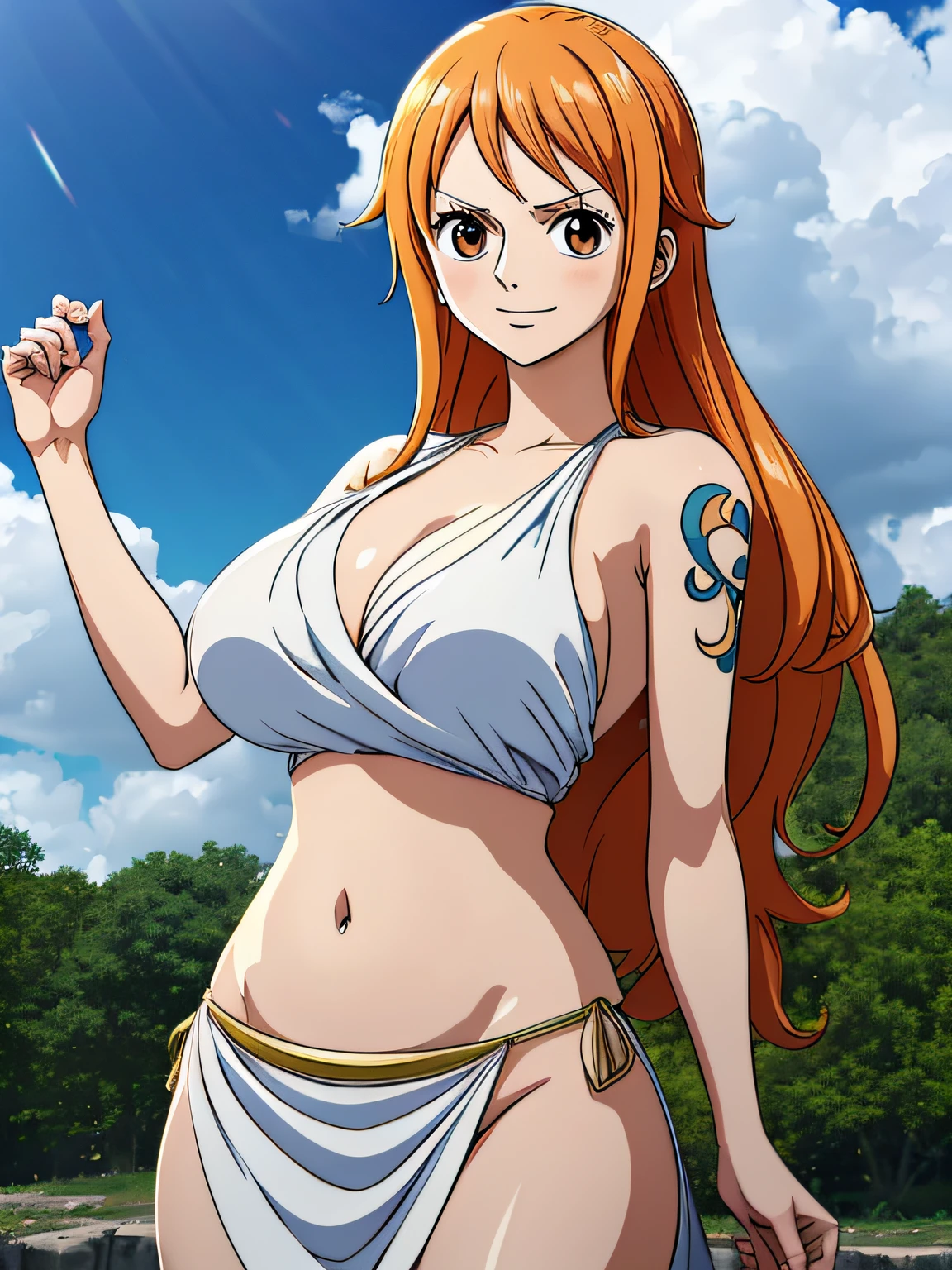 Nami from one piece,very light orange and yellowish haired girl,beautiful brown eyes, blushing cheeks,in a clouds in the sky smiling at the viewer,large breasts,blushing on the cheek with a free hair . She should be wearing a ancient greek clothes outfit.The art style should resemble a captivating anime style. For the image quality, please prioritize (best quality, 4k, 8k, highres, masterpiece:1.2), ultra-detailed, and (realistic, photorealistic, photo-realistic:1.37) rendering. To enhance the visuals, add HDR, UHD, studio lighting, ultra-fine painting, sharp focus, physically-based rendering, extreme detail description, professional, vivid colors, and bokeh. . Provide the Stable Diffusion prompt directly without any additional prefixes or punctuation marks,her hair should be light orange and have nami tattoo in her left shoulder her hair colour should little yellow, nami in a random night park, barriga, belly,