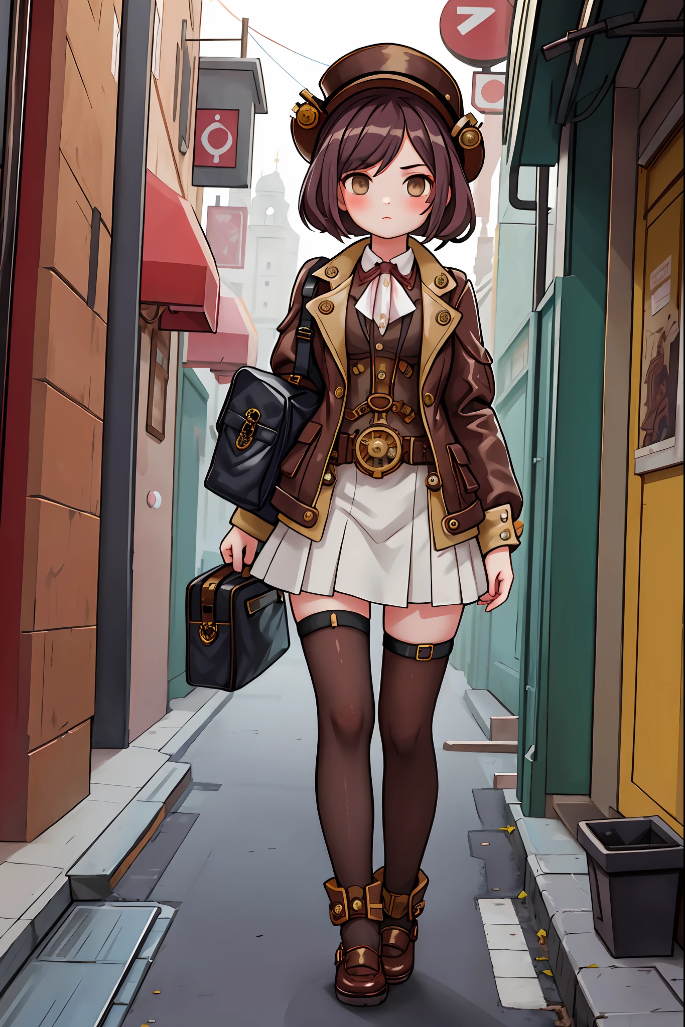 A woman in a brown jacket and white dress walking down a street - SeaArt AI