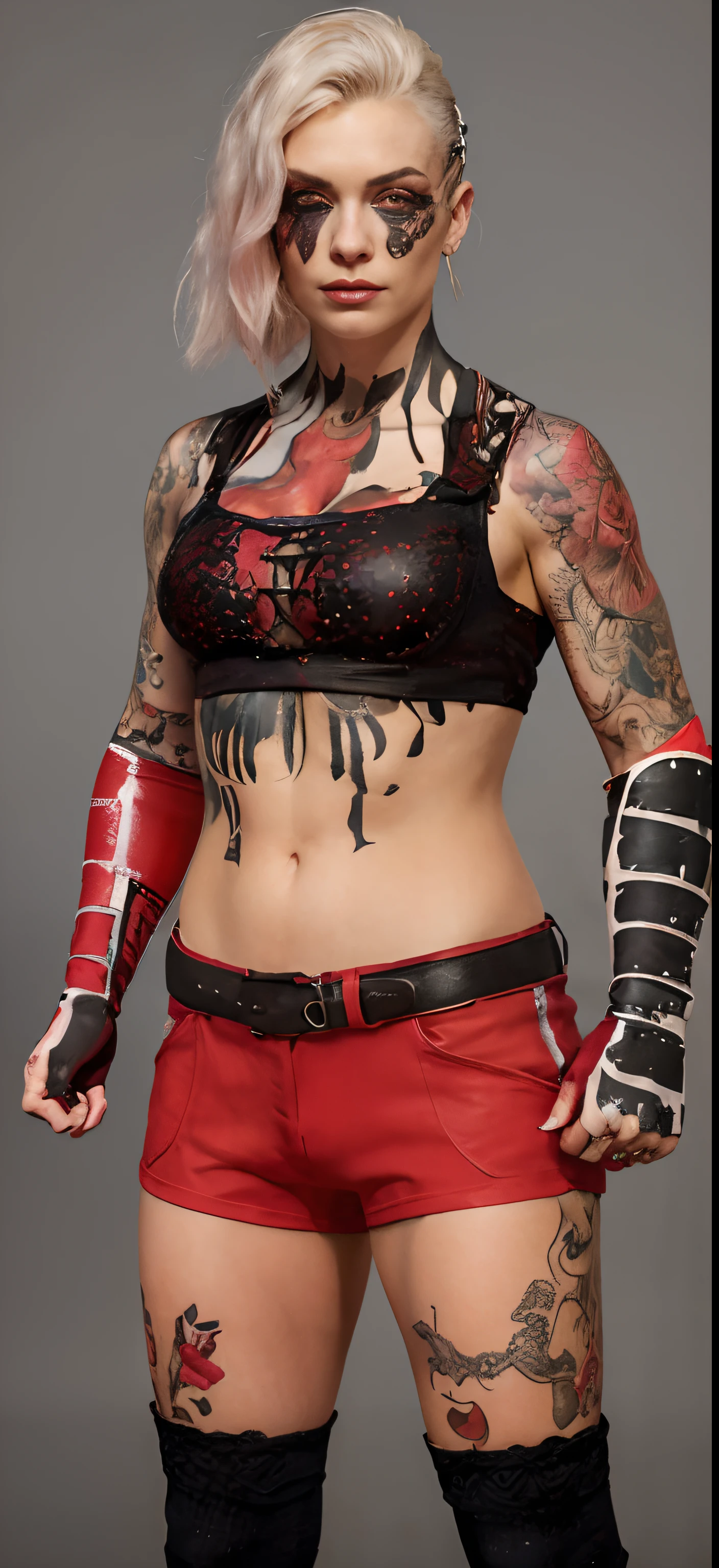 Une femme avec des tatouages et une tenue rouge posant pour une photo, peinture faciale au niveau des yeux, Style geste lourd gros plan, hand painted textures on model, extreme detail skin, En tant que personnage dans Tekken, Highly detailed skin, Precise skin textures, De gros gantelets, Highly detailed upper body, crimson themed, mechanic punk outfit, Gros plan personnage, Detailed upper body, diesel punk female, Gros plan sur les personnages
