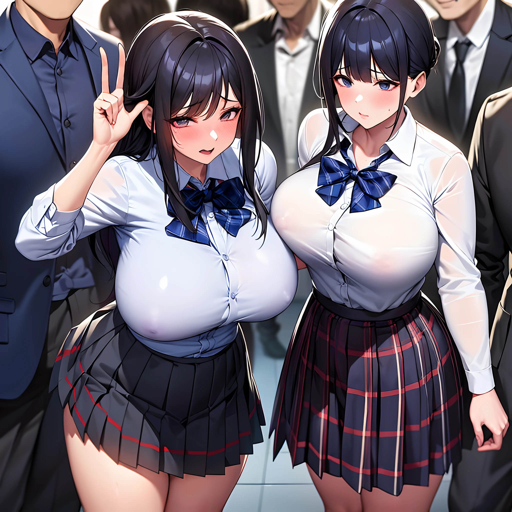 realistic anime art style,(tareme),(curvy body),black unkempt hair,bow tie,dress shirt,(navy short pleated skirt),(plaid skirt),unpretentious adult woman standing in crowded train station,sweaty,nipple through,(terrified and blushed),look at viewer,(breast grab:1.2),grabbed breasts,peace sign
