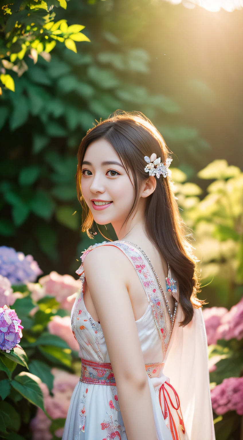 (((Full body photo))), (Single eyes)),(Sunset backlight))),(Thin blue eyeliner),(Lens flare))),((Lens flare),(Dress up as a priestess,In a Japanese garden)))),(Super Soft Focus))))), Smiling, , (((Looking into the distance)))), Twilight, Showering, The background is surrounded by colorful hydrangeas, hydrangeas, ((pastel sunset)), (yinchuan:1.5), Masterpiece, Best quality, RAW photo, Photorealistic, face, Beautiful girl, long whitr hair, ((((Depth of field)))), high resolution, Ultra detail, finedetail, Very detailed, Cinematic lighting