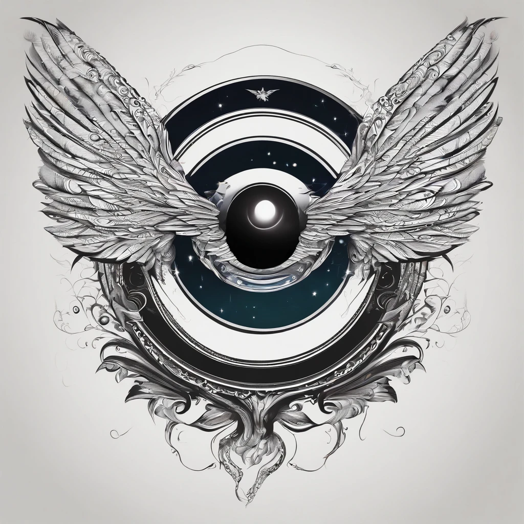 A surreal vision of a frightening, winged eye, hovering in the air with an enigmatic and menacing presence. The eye, meticulously rendered, features an iris that appears to pulse with otherworldly energy, displaying mesmerizing colors that transform into ethereal hues. The eyelids are sculpted with realistic detail, revealing subtle textures and wrinkles. Two large, membranous wings emerge from the side of the eye, extending as if they were the wings of a mythological being. Each wing feather is rendered with fine textures and intricate details, creating a sensation of movement even when the eye hovers in the air. The wings have a dark, iridescent hue, as if they absorb the surrounding light, creating an even more intense atmosphere. The background is composed of a starry night sky, with dark clouds and shadows that highlight the ominous presence of the winged eye. The eye is surrounded by an ethereal halo of light, adding a layer of mystery to the scene. This surrealistic image combines elements of horror, fantasy and abstract art, creating a unique and disturbing depiction of a flying eye with wings.