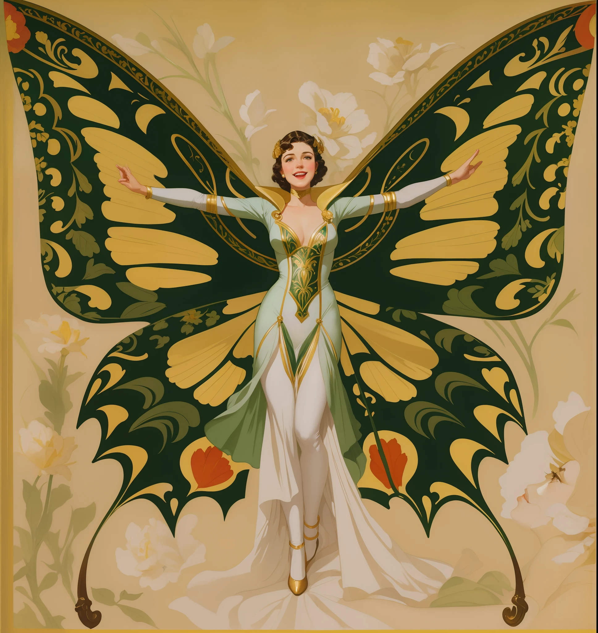 uma pintura de uma mulher em um vestido verde com uma borboleta nas costas, Inspirado por Joseph Christian LeyendeCker, Joseph Leyendecker, Directed by: Gustaf Tenggren, Enoque Bolles, Por Joseph Christian Leyendecker, Directed by: Frank Xavier Leyendecker, inspirado em Frank Xavier Leyendecker, J C Leyendecker, JC Leyendecker, sorriso, mulher sorrindo.