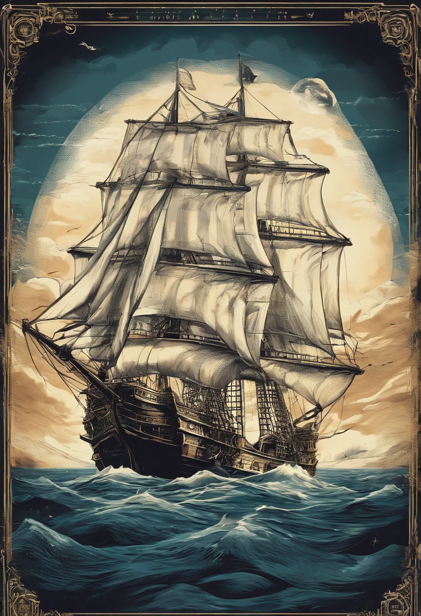 O Oceano，imagem de fundo，Pirate galleon at sea, a noite，starly sky