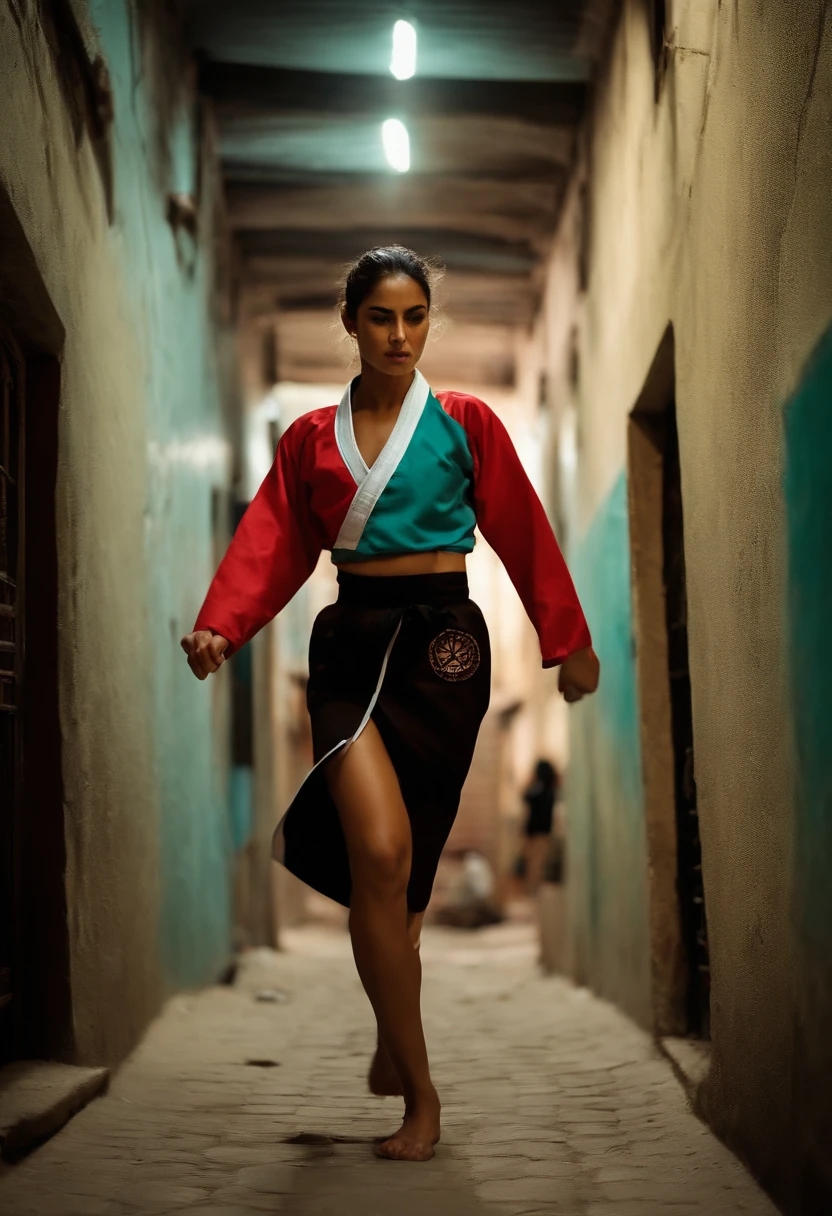 taekwondo woman wearing flip flops and mini skirt after beating a bad guy in a dark alley of an arabic country