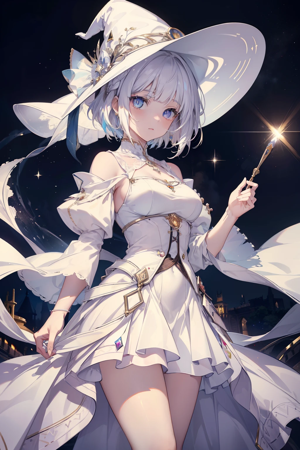 (Masterpiece), (art work), (Amazing work), (Detailed eyes), (Delicate skin), (heterochromatic eyes), (Multicolored), (Short white hair with bangs), (Sparkling eyes), (1girll) Wear a witch hat, Ancient, Old, Dress in extravagant medieval costumes, Masterpiece, Best quality, Best Singing Singer, Best Illustration