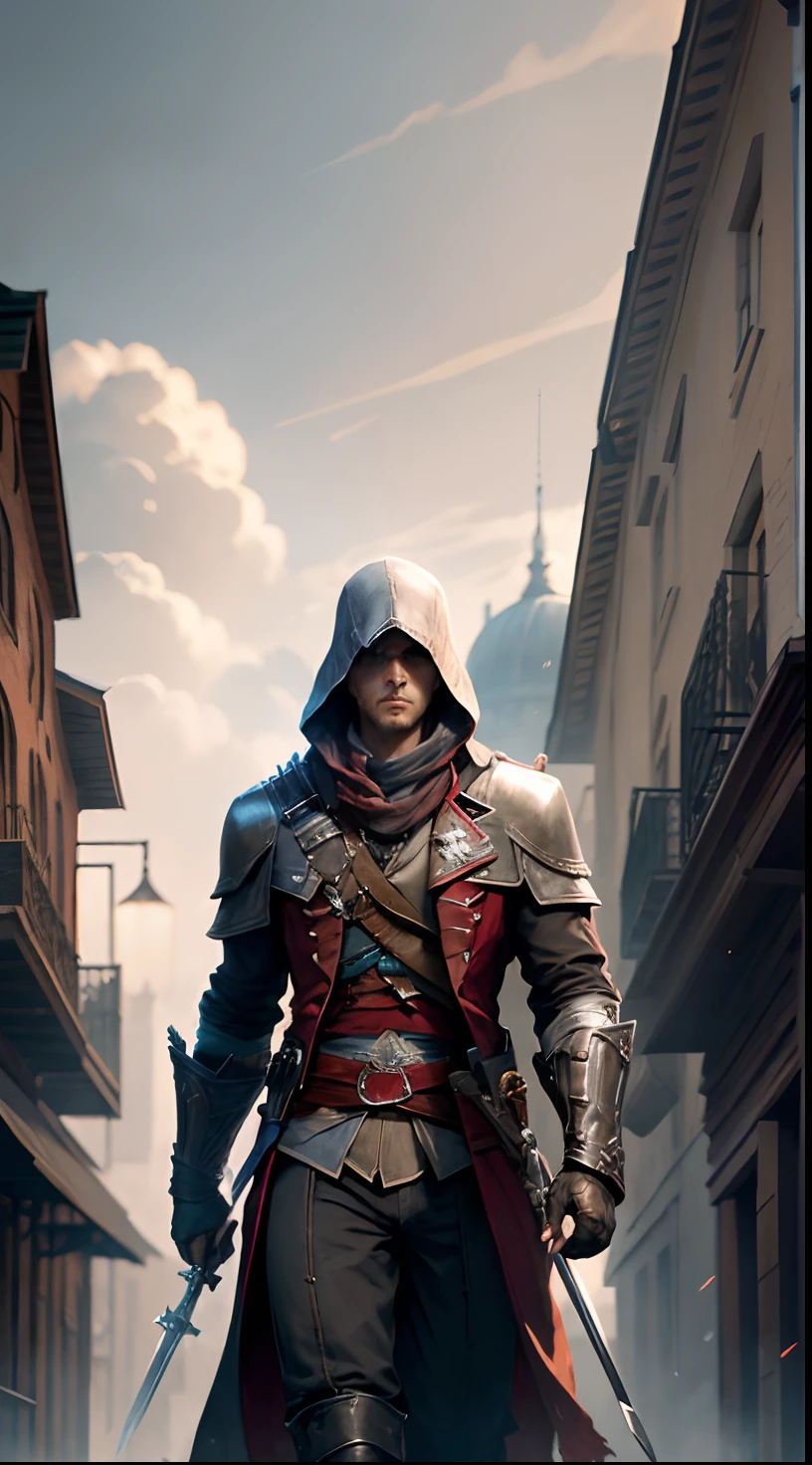 a man in a coat holding a sword standing in front of a building, assassins creed, assassin's creed, assasin, assassins, assassin, french revolution, amazing wallpaper, game cg, craig mullins style, game cover art, by Johan Grenier, in assassin's creed 3, by Bernard Meninsky, inspired by Jean Tabaud, napoleonic, hd wallpaper