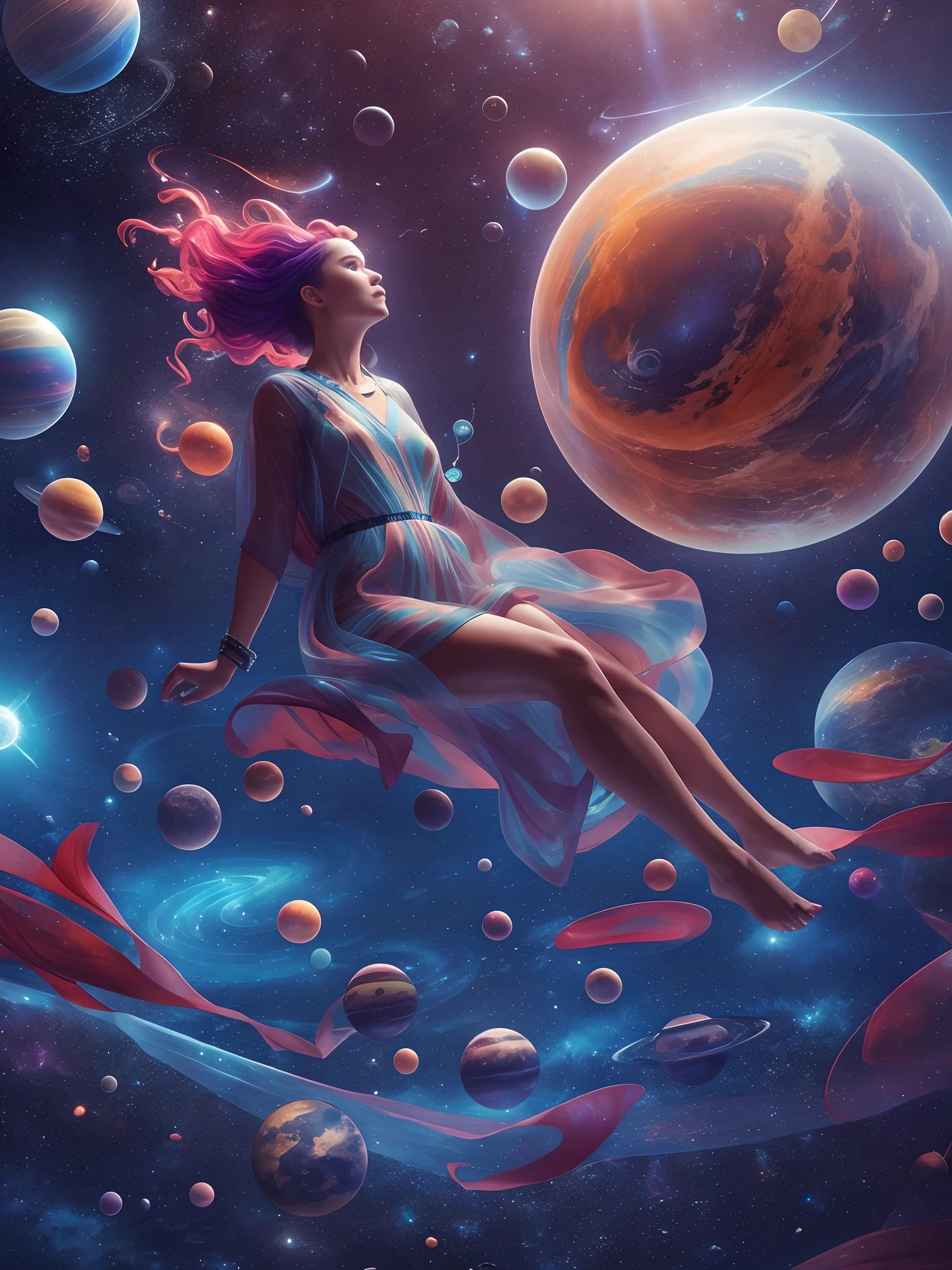 [a woman] flotation through space with translucent alien fish and planets in background,Size: 512x512, hypermaximalist, realistic, dynamic pose, photography, 8k, intricate, color graded, dynamic lighting --auto --s2