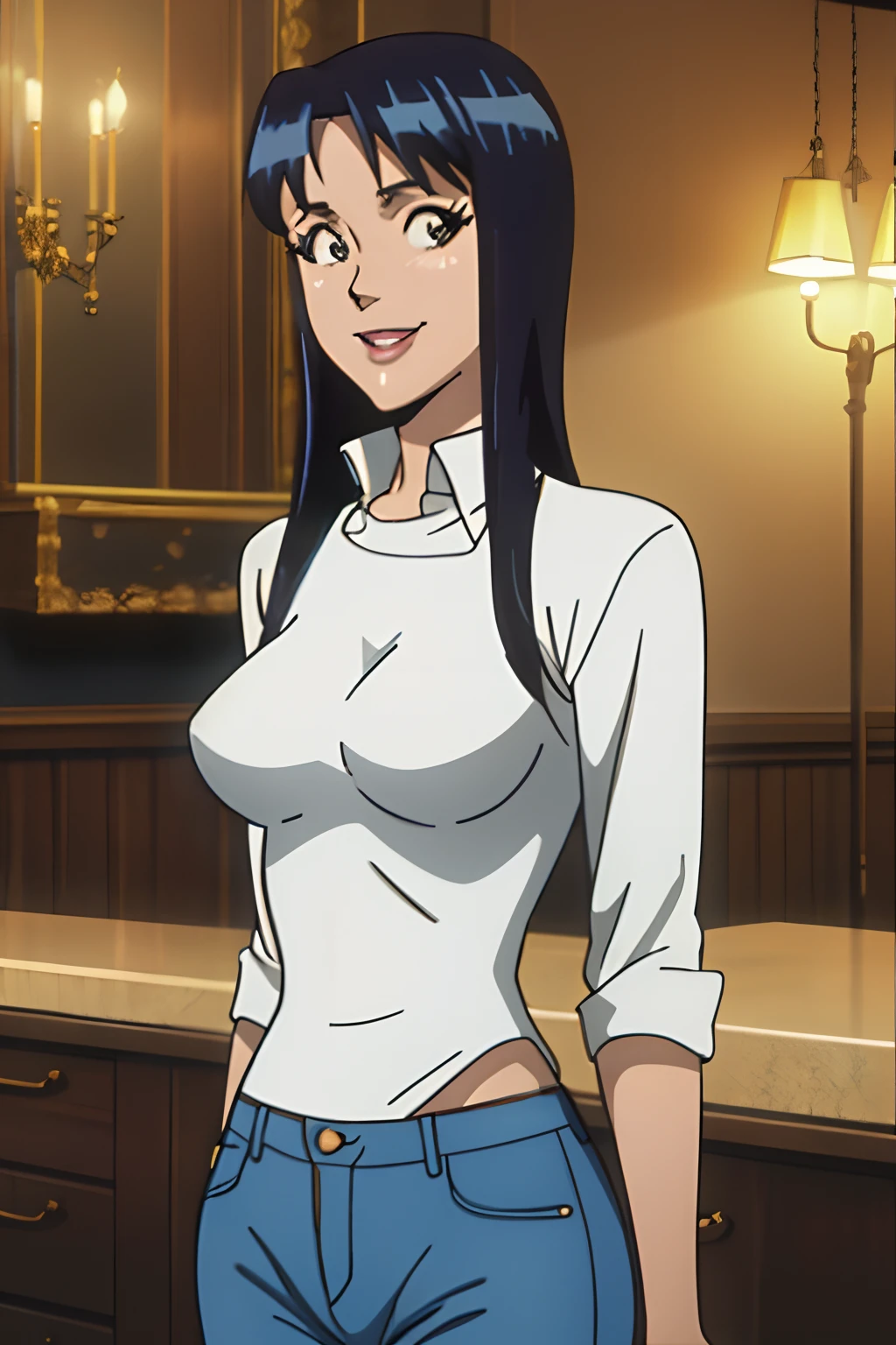 masterpiece, best quality, 1girl, veronica, black hair, white shirt, jeans, upper body, looking at viewer, solo, indoors,smile