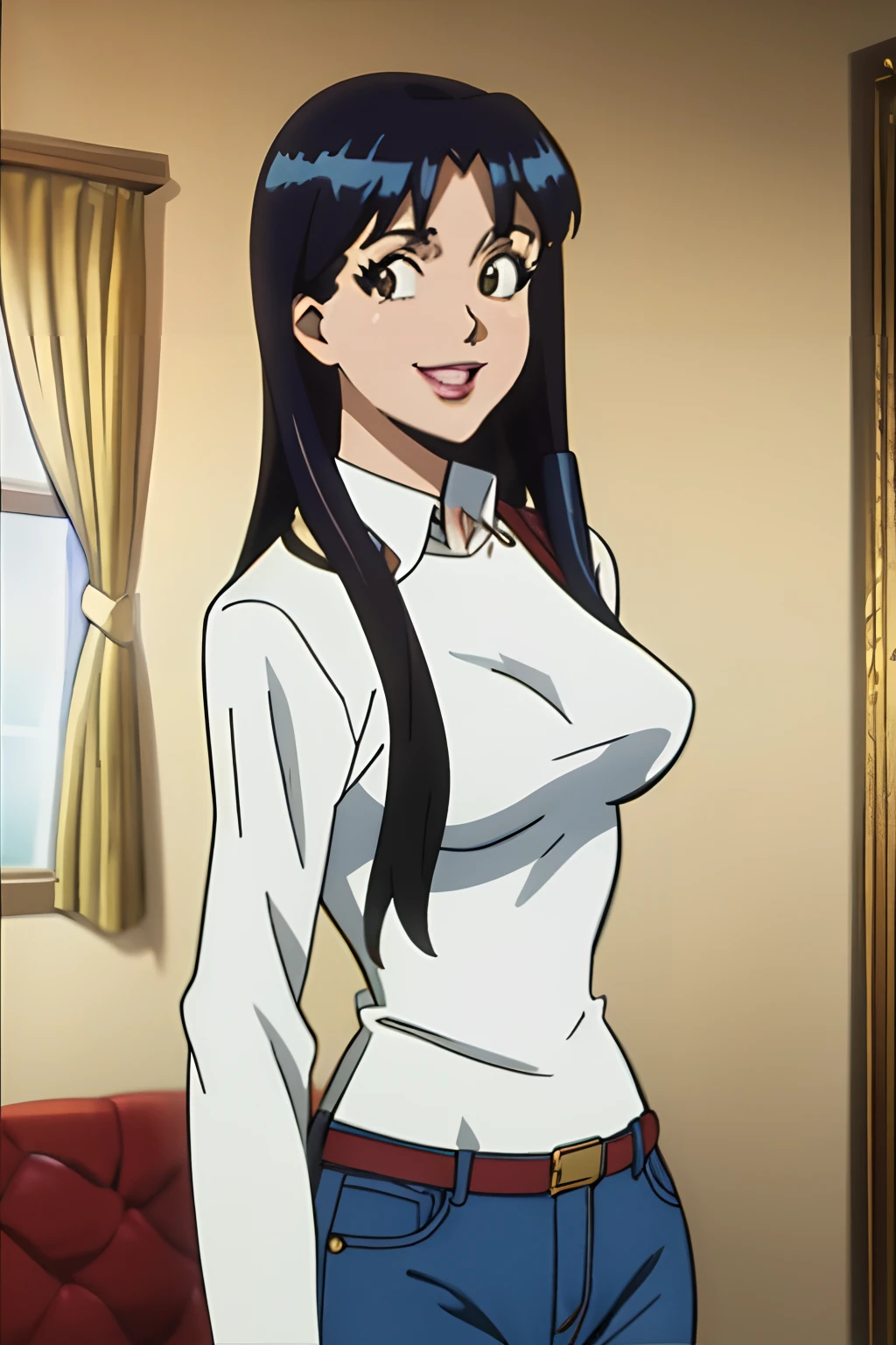 masterpiece, best quality, 1girl, veronica, black hair, white shirt, jeans, upper body, looking at viewer, solo, indoors,smile