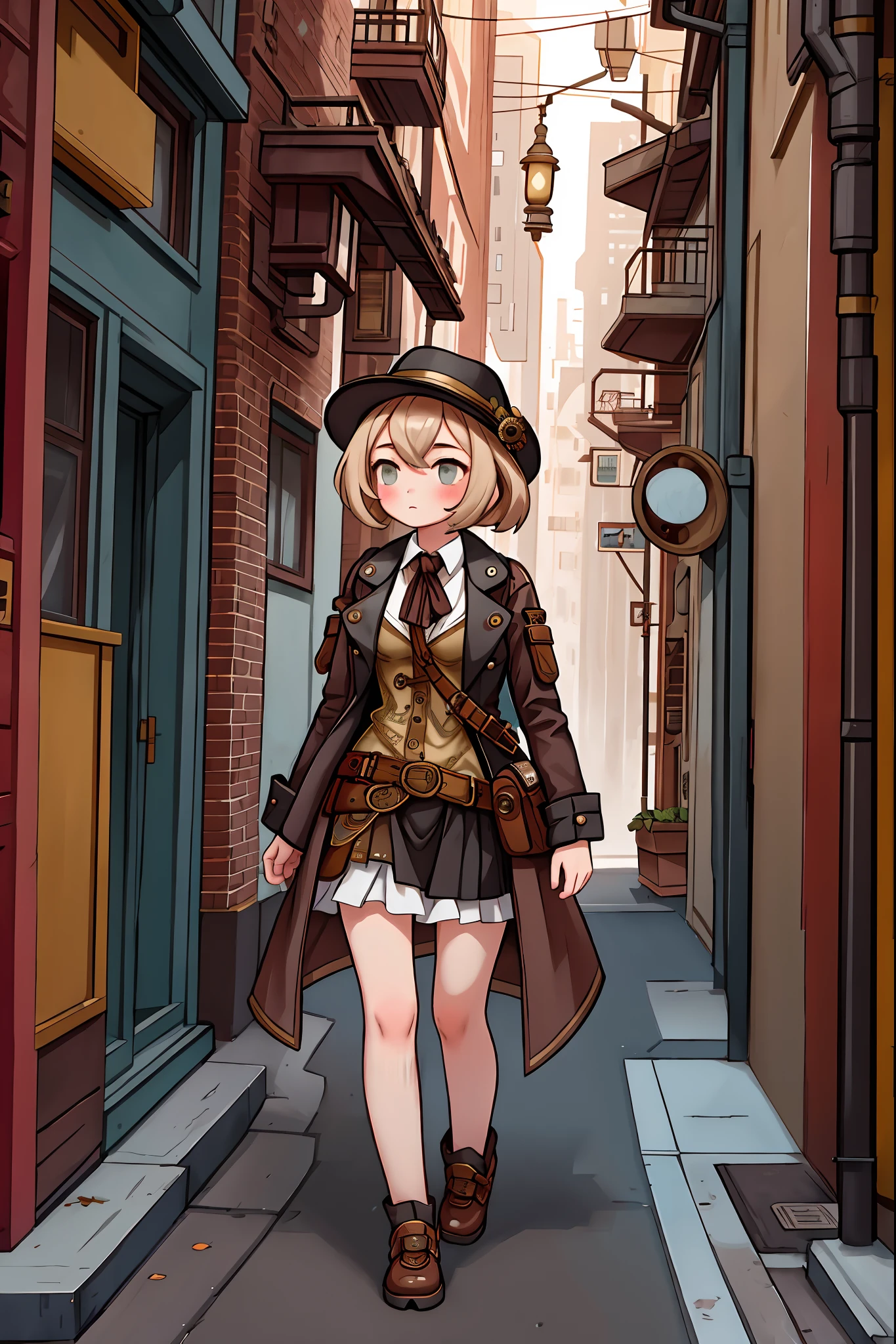 masterpiece,best quality,1girl, A girl in modern clothes walks and scrutinizes the steampunk city around her
