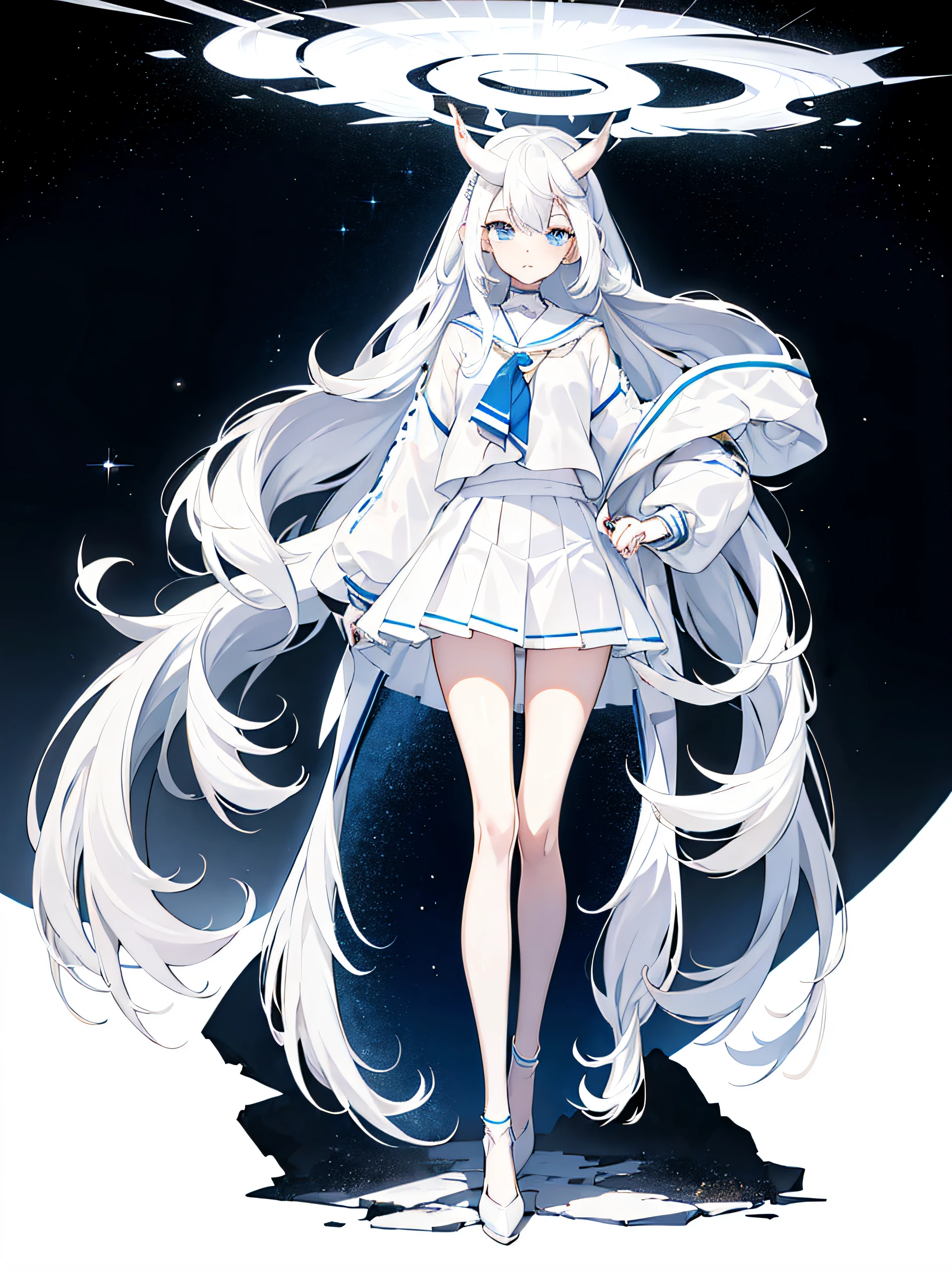 1girl, long white hair, broken horn on left side of head , blue eyes, wearing plain white shirt, white skirt , galaxy , high res, ultrasharp, 8K, masterpiece, looking at viewer , full body , forward