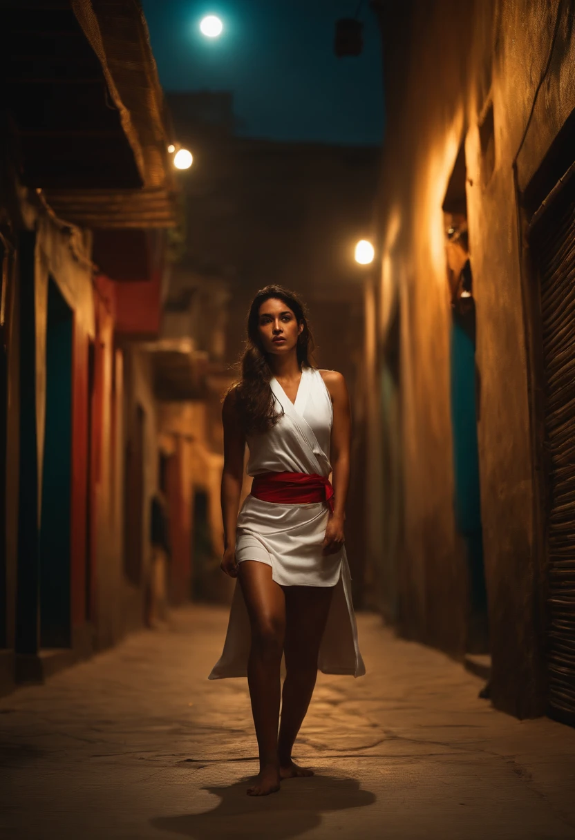 Taekwondo woman wearing flip-flops and miniskirt after beating a villain lying on the ground in a dark alley in an Arab country