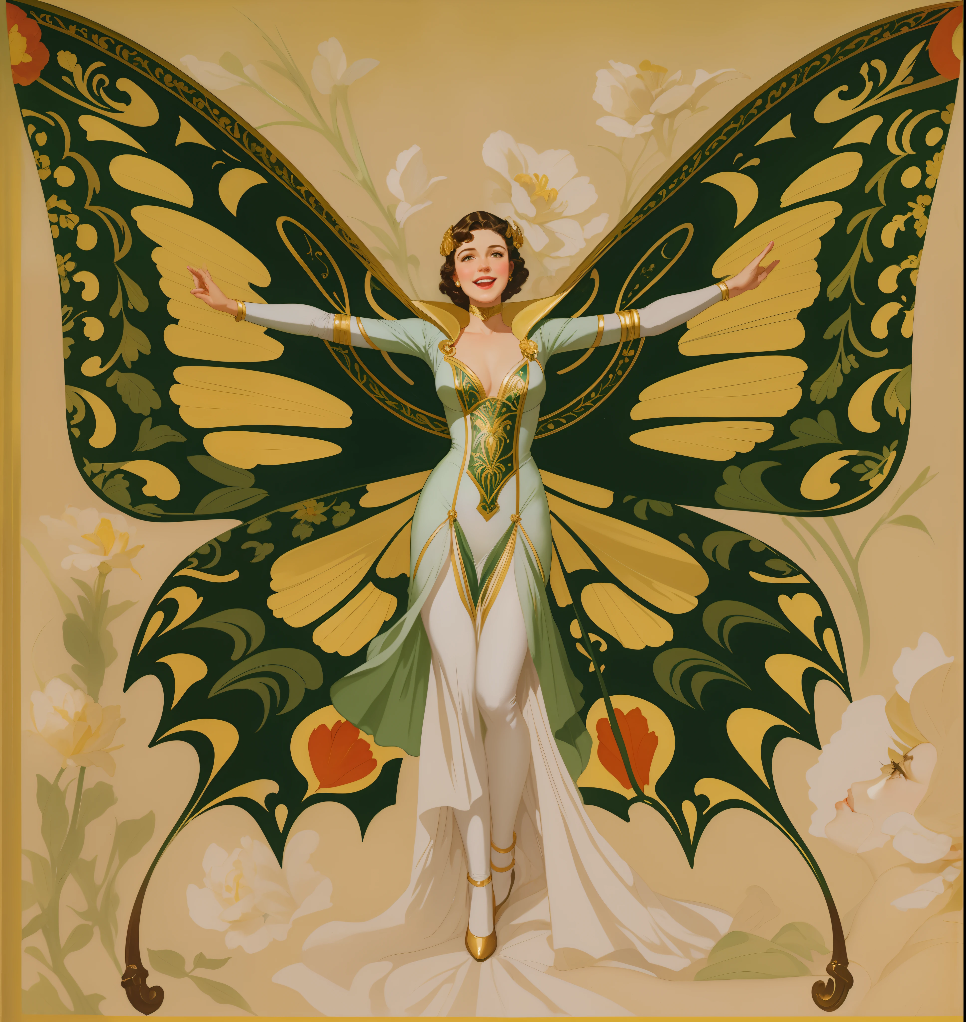 uma pintura de uma mulher em um vestido verde com uma borboleta nas costas, Inspirado por Joseph Christian LeyendeCker, Joseph Leyendecker, Directed by: Gustaf Tenggren, Enoque Bolles, Por Joseph Christian Leyendecker, Directed by: Frank Xavier Leyendecker, inspirado em Frank Xavier Leyendecker, J C Leyendecker, JC Leyendecker, sorriso, mulher sorrindo.