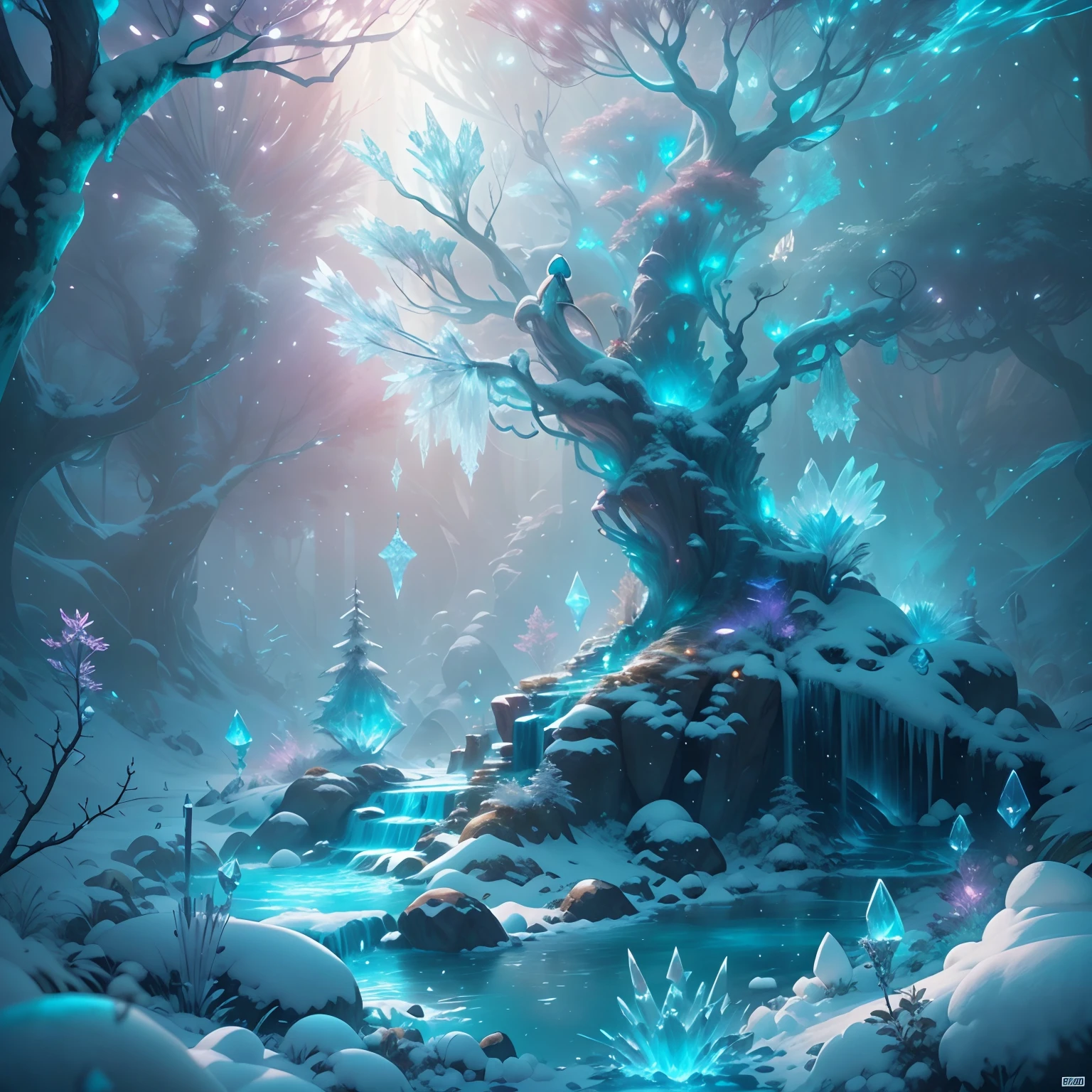 Fantastic snow and ice jungle，Many scattered crystal trees，Beautiful transparent flowers,Shine in the center，fanciful，Starskrim，cleanness，glimmering、Shines、magnifica、Verdant、Light、with light glowing，Magic pictures, dramatic  lighting, Foto realism, The ultra-detailliert, 4K, depth of fields, A high resolution，Glowing crystals illuminate the ice and snow，Natural elements in the forest theme，Colorful snow and ice jungle，Epic fantasy art style，Delicate leaves and branches are surrounded by fireflies（nature elements），（Jungle theme），（Foliage），（tree branch），（glowworm），（Particle effect）and other 3D， Octane rendering，Ray traching，Super meticulous，Depicting the harmony between man and nature, Epic fantasy art style, Epic fantasy art style HD, Epic fantasy digital art style, by Yang J, trending on artstation pixiv, Anime fantasy illustration, Beautiful ancient frost, Arte conceitual de inverno,