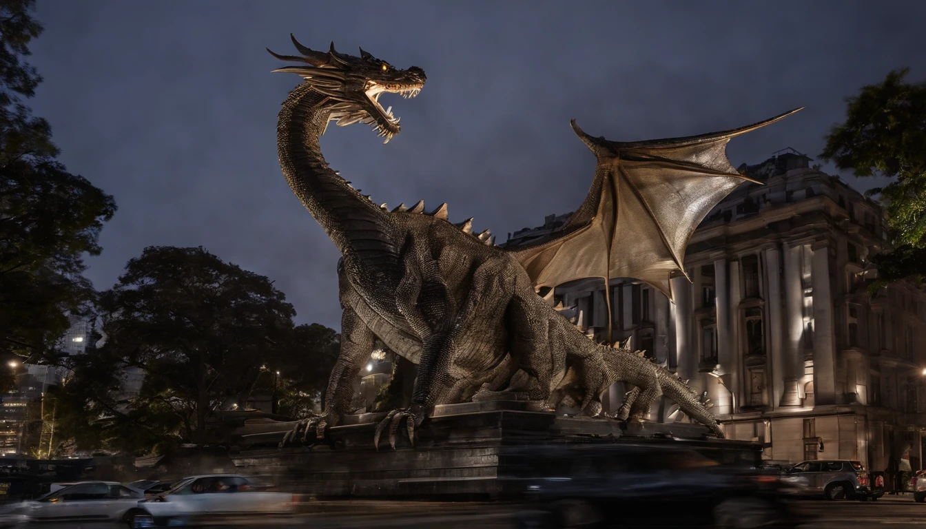 An epic and surreal vision of a giant dragon sleeping on top of an urban skyscraper. The dragon, com escamas imponentes e detalhadas, He is lying at rest on the tallest building in the city, with its sharp claws delicately resting on the edges of the building. Suas asas majestosas se estendem sobre o telhado, almost touching the edges of the building, And each scale is depicted with precise texture and shading. The dragon exudes a tranquil breath, Creating a cloud of vapor that floats across the night sky. Suas pupilas dilatadas, quando vistas de perto, reveal an enigmatic glow. The building is a modern and imposing architectural structure, with illuminated windows that contrast with the darkness of the night. A cidade estende-se abaixo, with busy streets and neon lights twinkling between the skyscrapers. The nighttime scenery is illuminated by the full moon and stars dotting the sky, creating a dramatic contrast to the mythical presence of the dragon. This image is an extraordinary fusion of fantasy and reality, depicting a moment of calm in the midst of a frenetic urban environment.